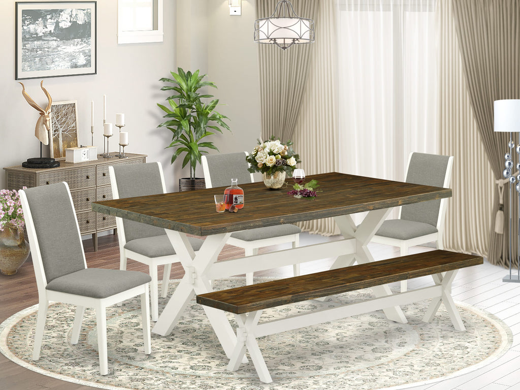 East West Furniture X077LA206-6 6-Piece Dining Table Set with Dining Table and Wooden Bench - 4 Linen Fabric Padded Parson Chairs (linen white Finish)