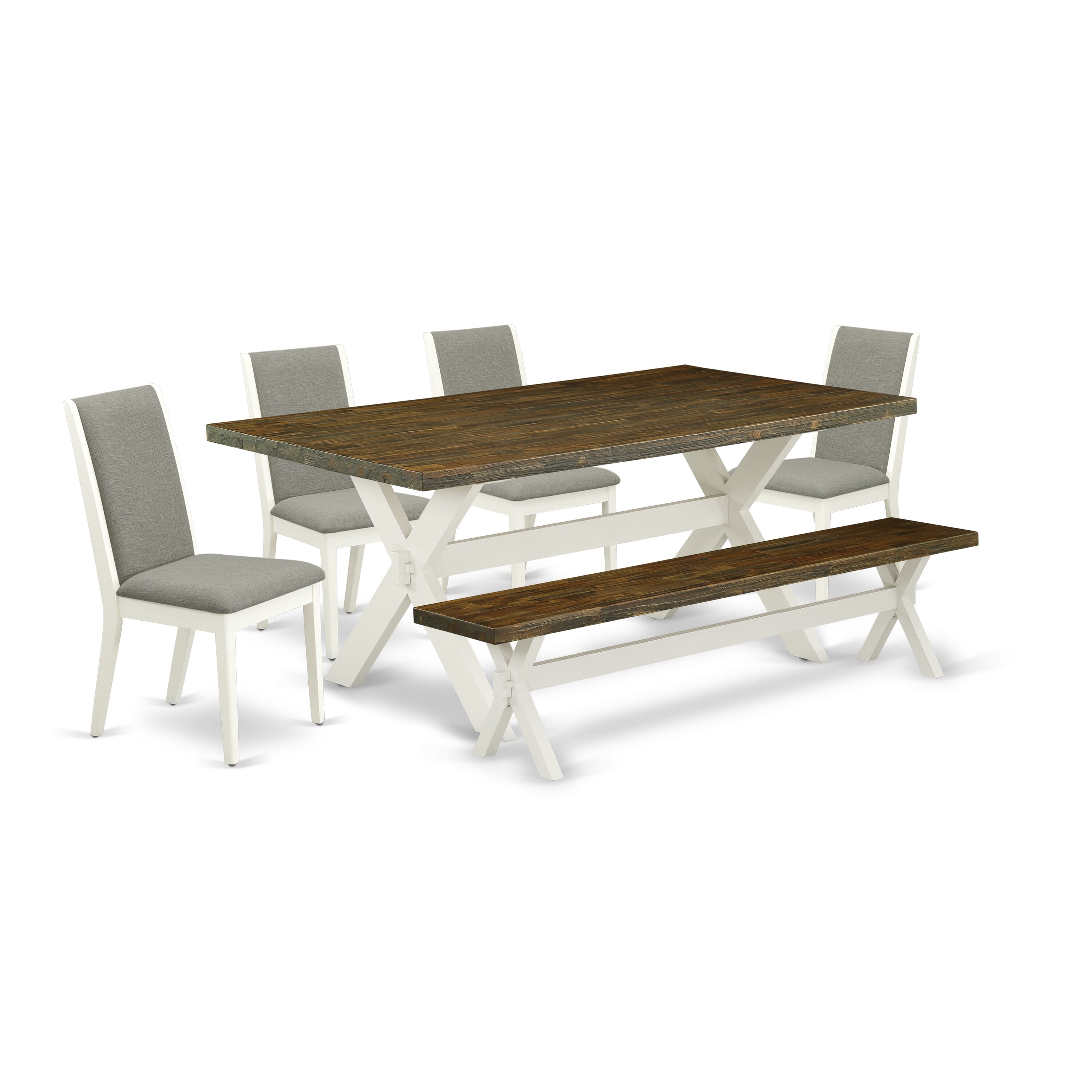East West Furniture X077LA206-6 6-Piece Dining Table Set with Dining Table and Wooden Bench - 4 Linen Fabric Padded Parson Chairs (linen white Finish)