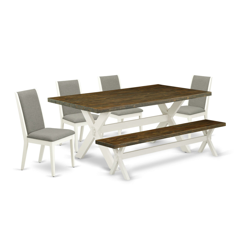 East West Furniture X077LA206-6 6-Piece Dining Table Set with Dining Table and Wooden Bench - 4 Linen Fabric Padded Parson Chairs (linen white Finish)