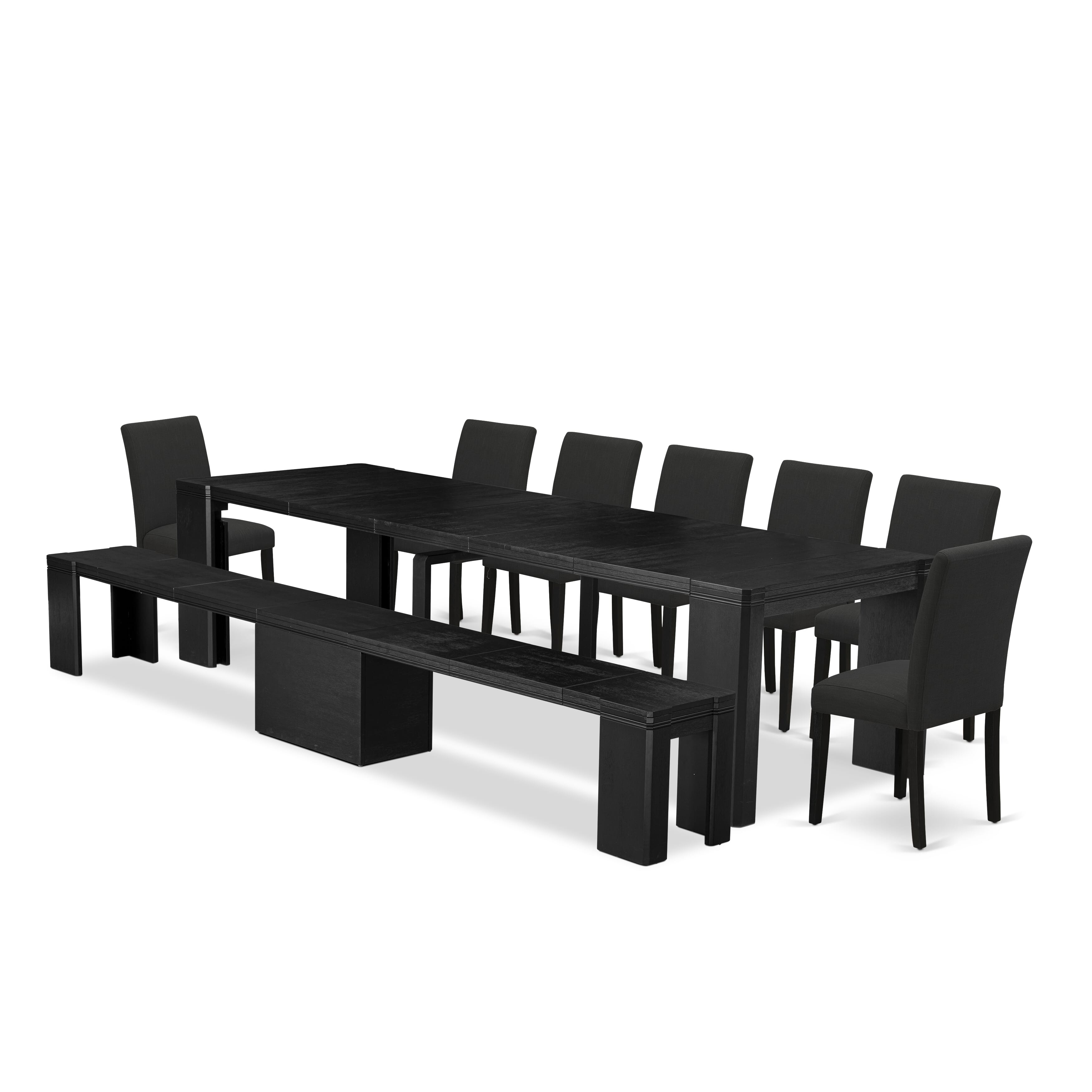 X07AB-B06-24 9-piece Xtenczar Dining Table Set a Rectangular Kitchen Table and a wooden Bench and 7 Black Linen Fabric Dining Chair, Wire Brushed Black