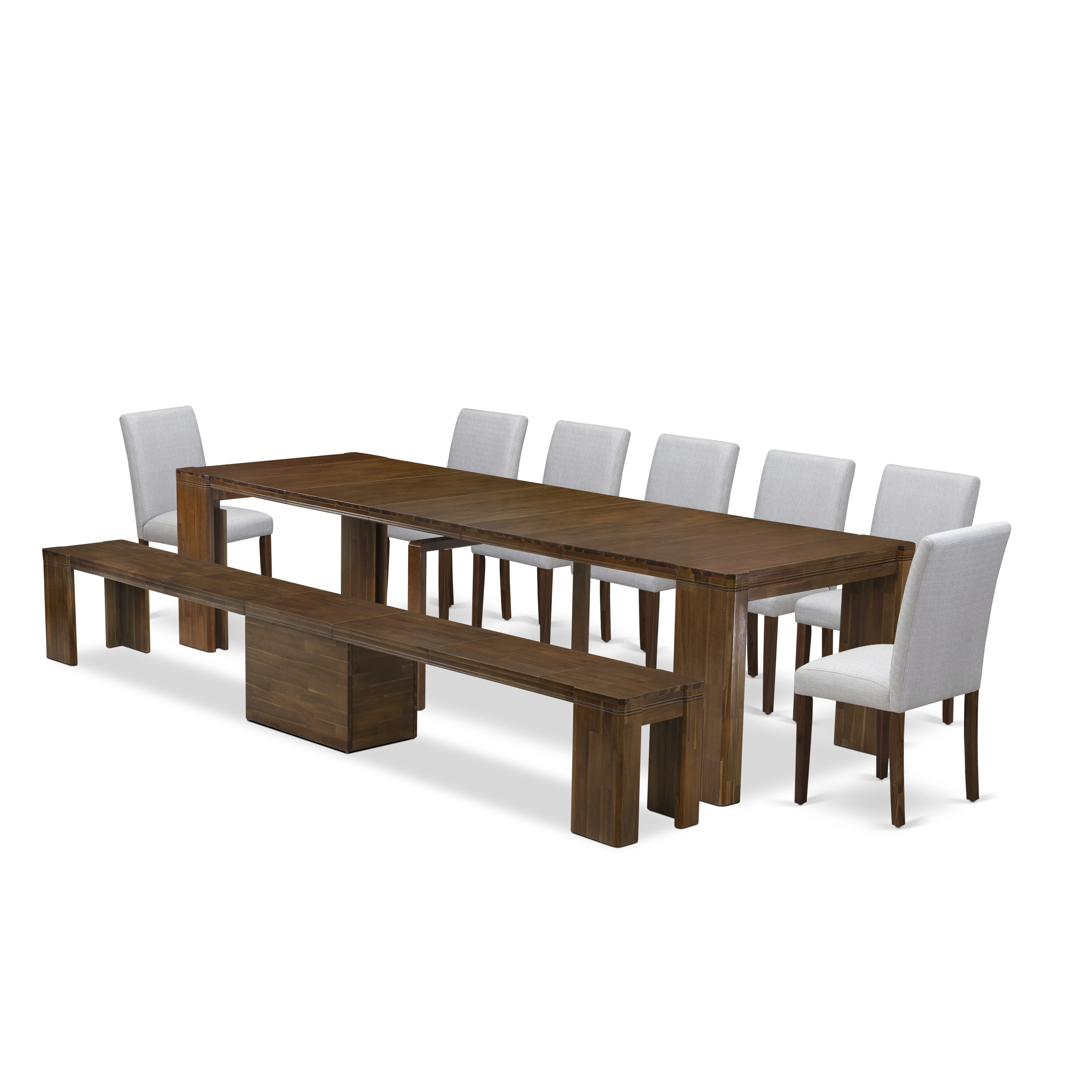 X07AB-B08-05-9 Pieces Extendable Dining Set Includes a Rectangle Xtenczar Dining Table, 7 Gray Linen Fabric Dining Chairs and 1 Modern Bench, Antique Walnut
