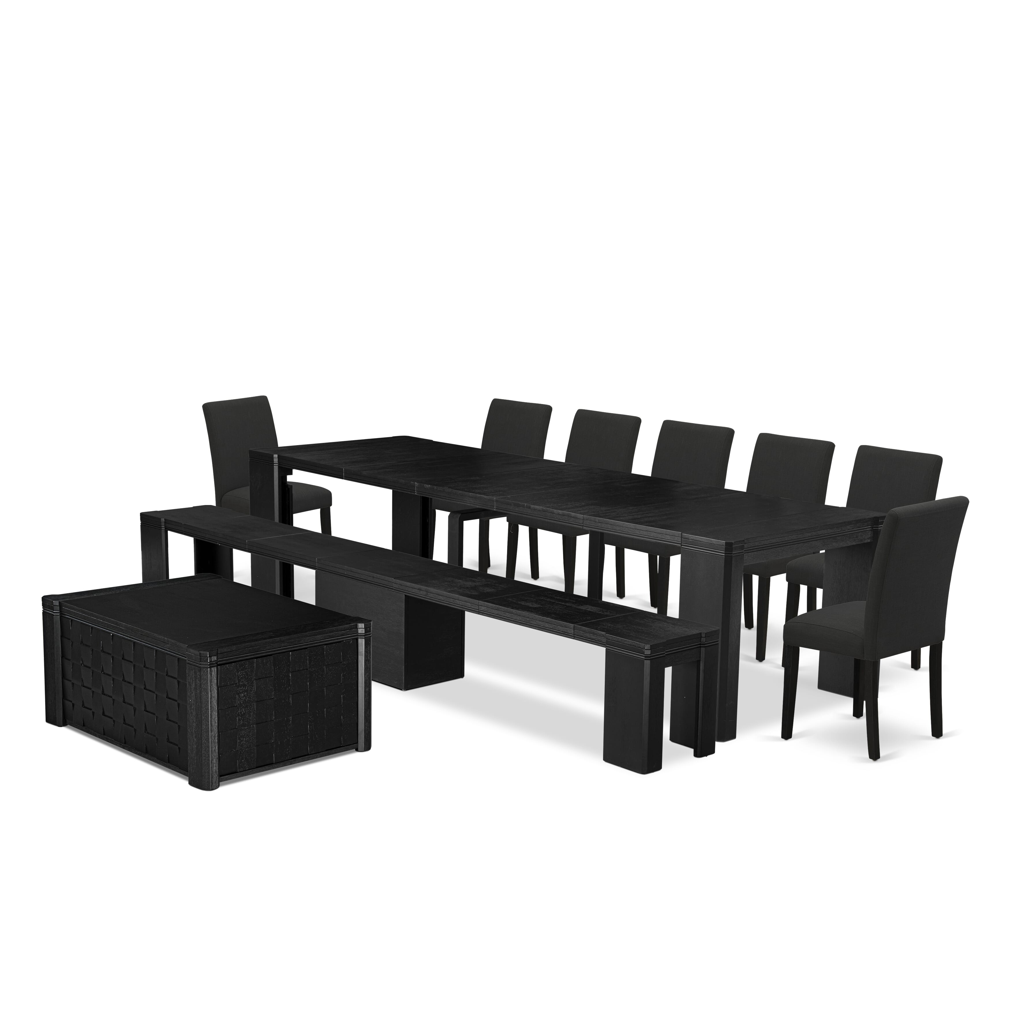 X07AB-BC6-24 10-pc Dining Table Set a Rectangular Xtenczar Dining Table with a dining coffee table and a wooden Bench and 7 Black Fabric Kitchen Chair, Wire Brushed Black