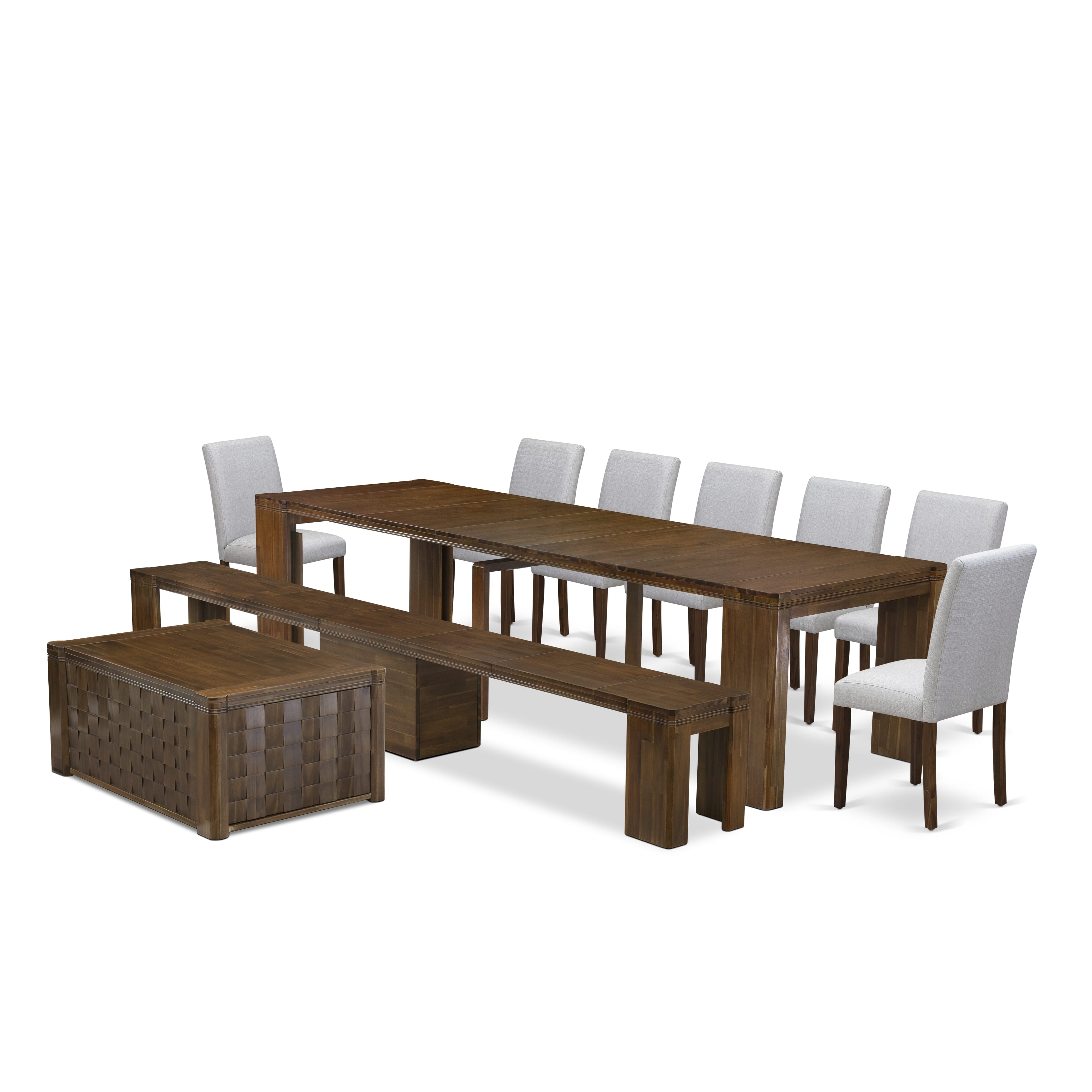X07AB-BC8-05 -10 Pc Extendable Dining Set Includes a Rectangle Xtenczar Dining Table, 1 Coffee Table, 7 Gray Linen Fabric Dining Chairs and 1 Modern Bench, Antique Walnut