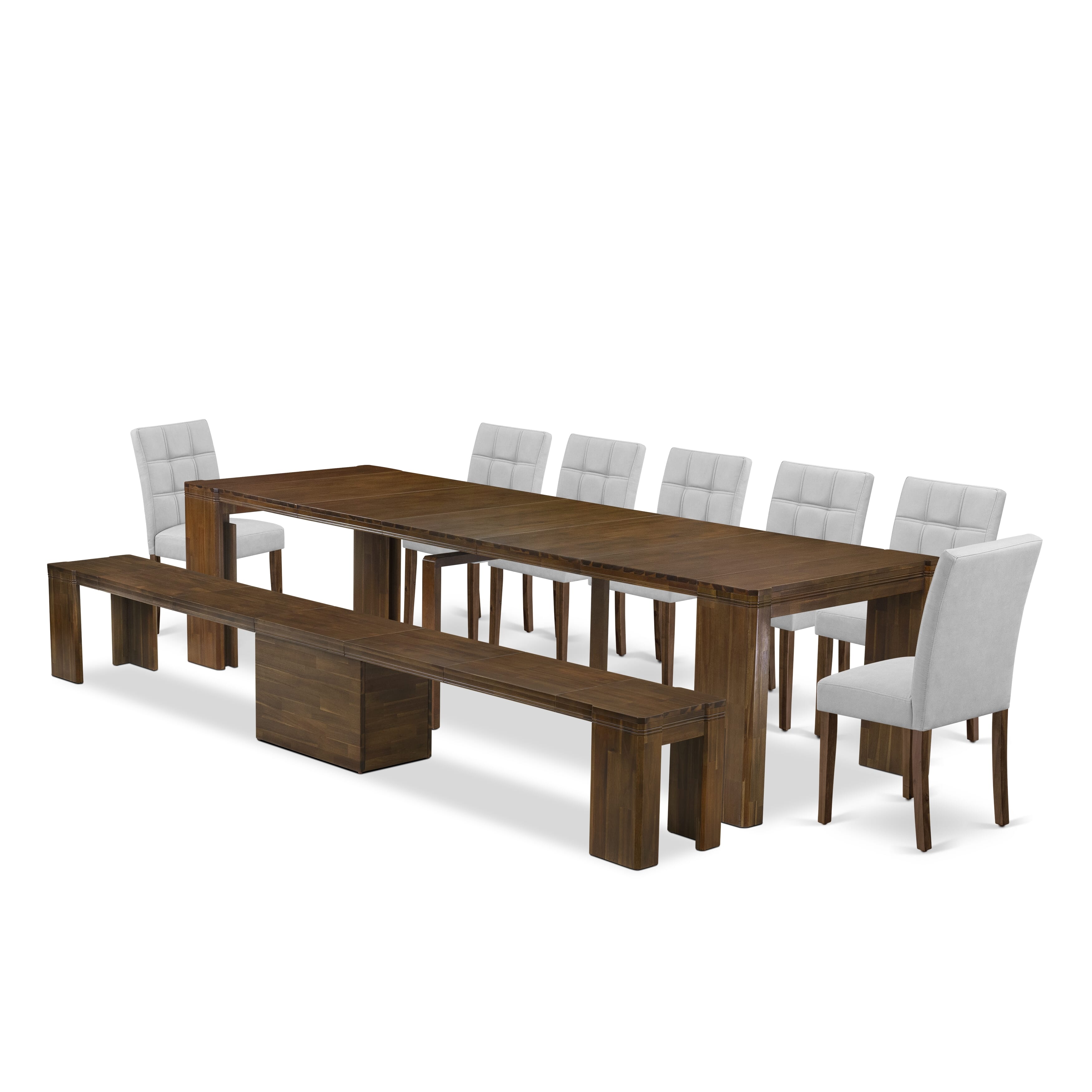 X07AS-B08-08 -9 Pieces Extendable Dining Set Includes a Rectangle Xtenczar Kitchen Table, 7 Mist Beige Dining Chairs Linen Fabric and 1 Modern Bench, Antique Walnut