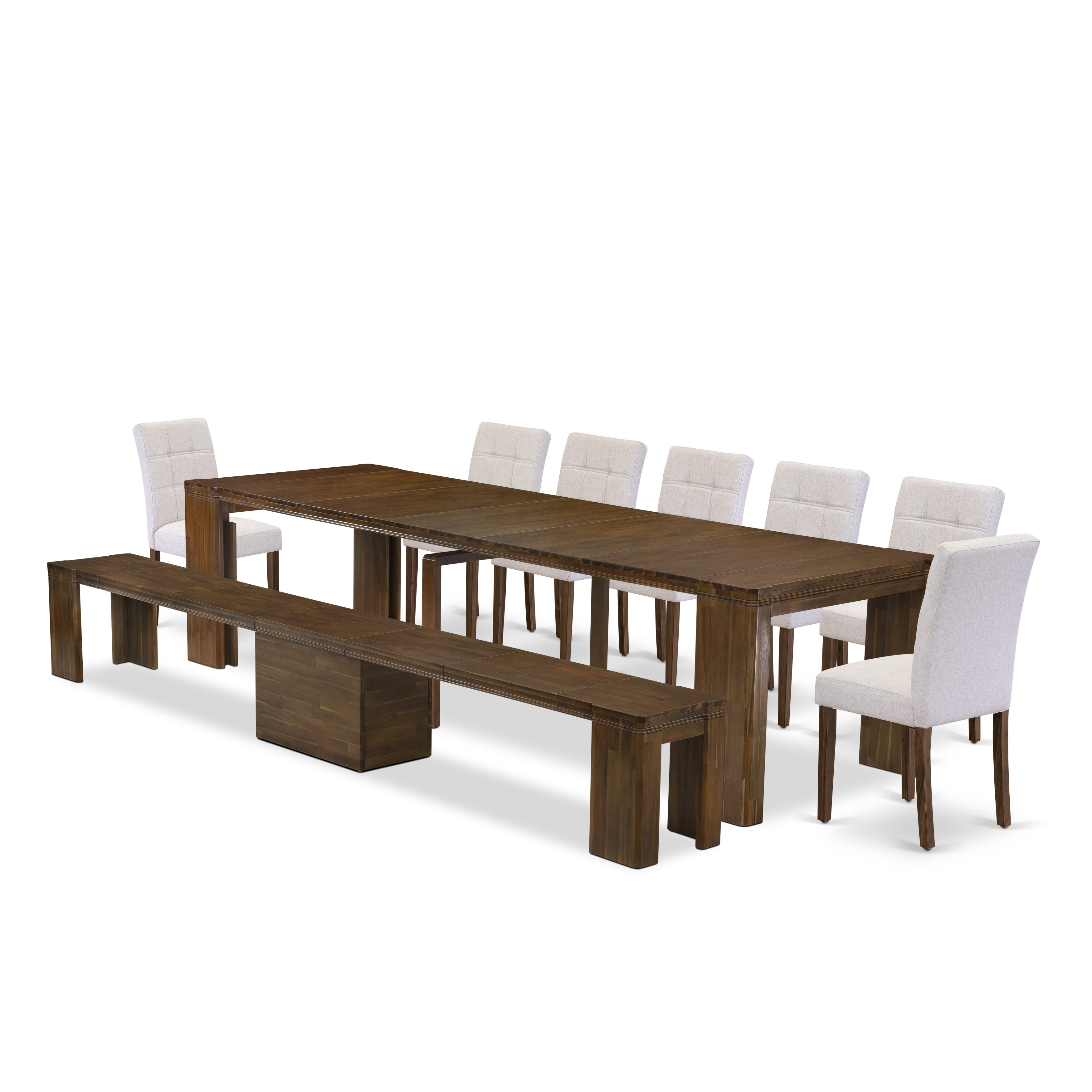 X07AS-B08-27 -9 Pieces Extendable Dining Set Includes a Rectangle Xtenczar Kitchen Table, 7 Light Gray Faux Leather Dining Chairs and 1 Modern Bench, Antique Walnut