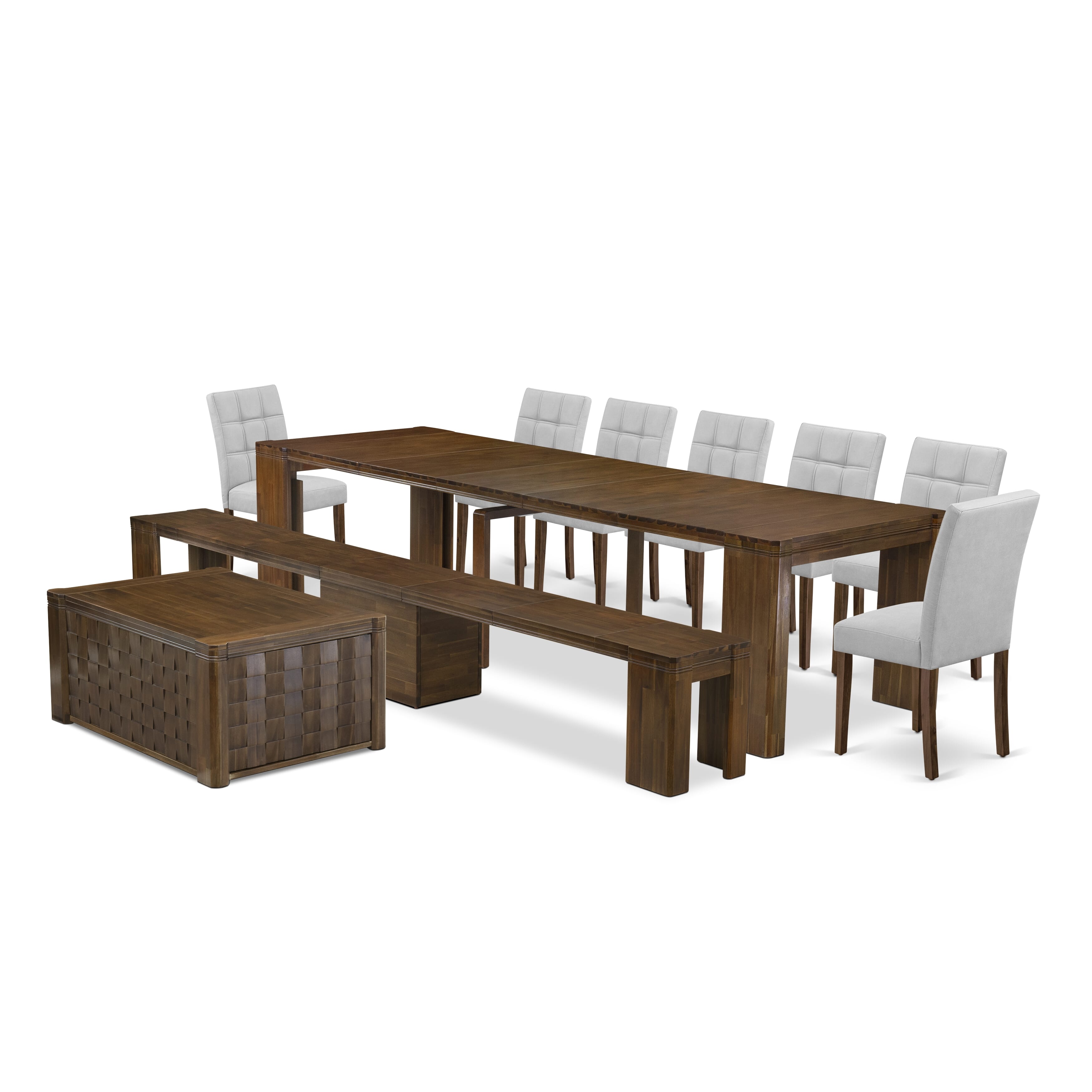 X07AS-BC8-08 -10 Pc Extendable Dining Set Includes a Rectangle Xtenczar Kitchen Table, 1 Coffee Table, 7 Mist Beige Fabric Dining Chairs and 1 Modern Bench, Antique Walnut
