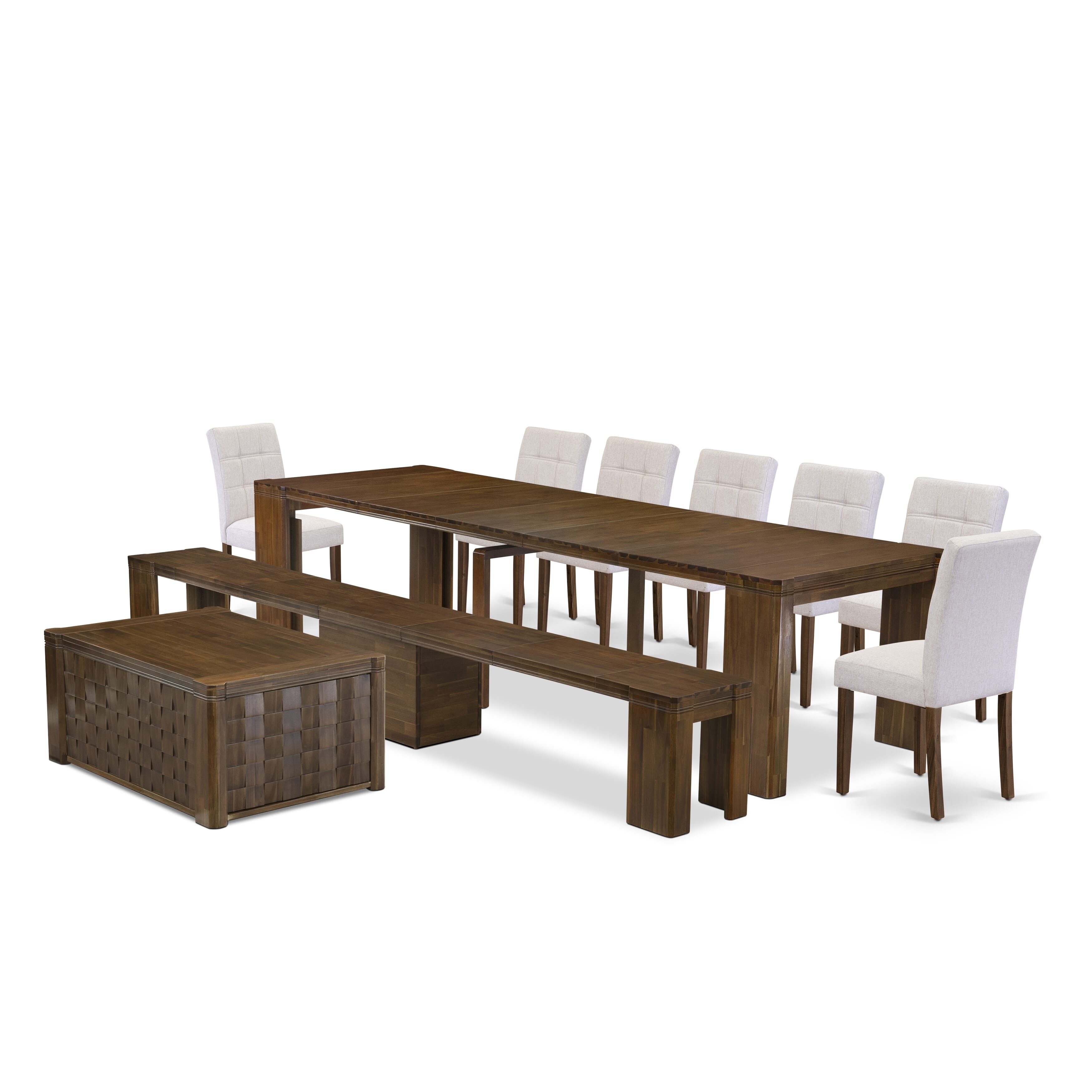 X07AS-BC8-27 -10 Pc Extendable Dining Set Includes a Rectangle Xtenczar Kitchen Table, 1 Coffee Table, 7 Light Gray Leather Chairs and 1 Modern Bench, Antique Walnut