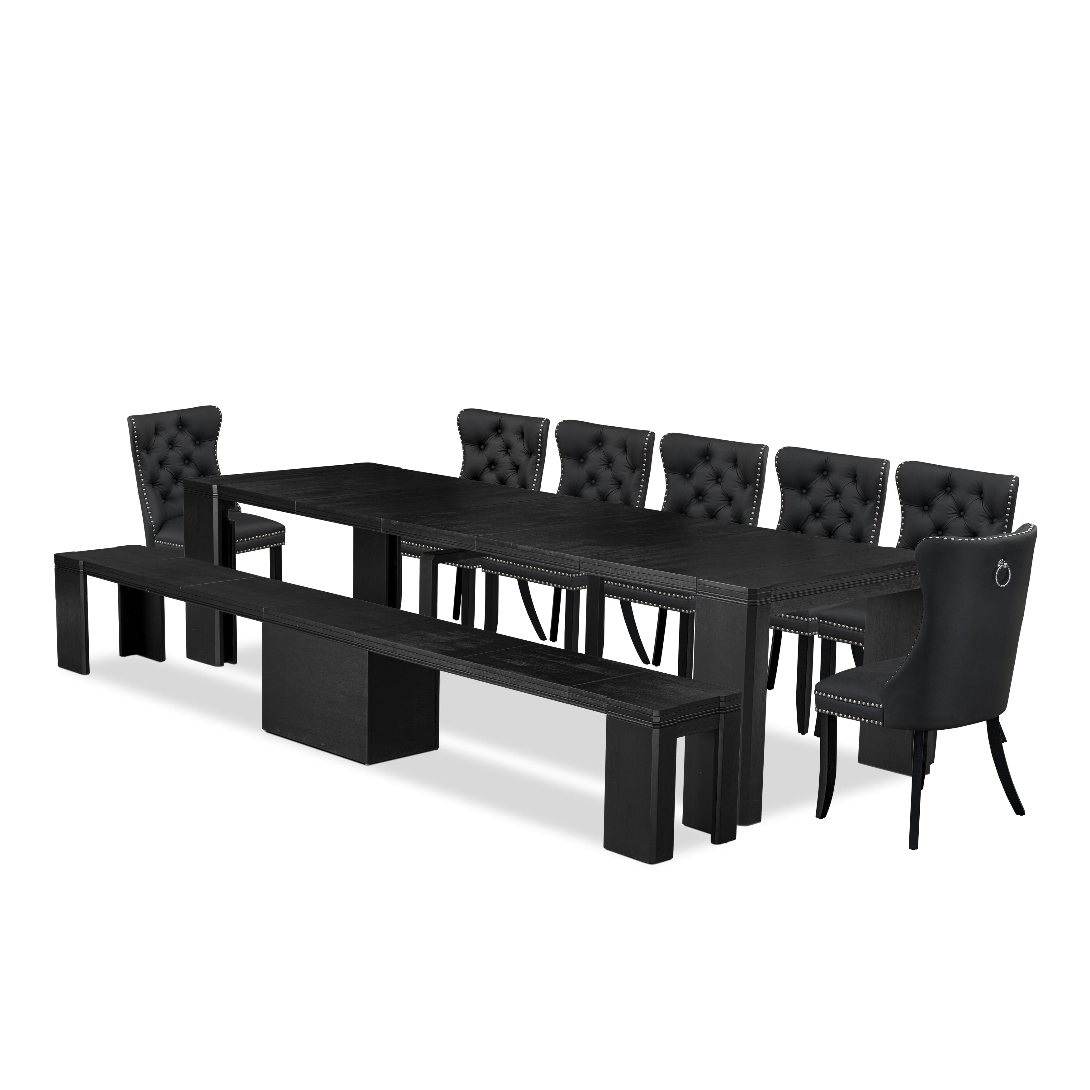 X07DA-B06-12 9-piece Xtenczar Kitchen Table Set a Rectangular Xtenczar Dining Table and 2 wooden Bench 7 Dark Grey Faux Leather Dining Chair, Wire Brushed Black