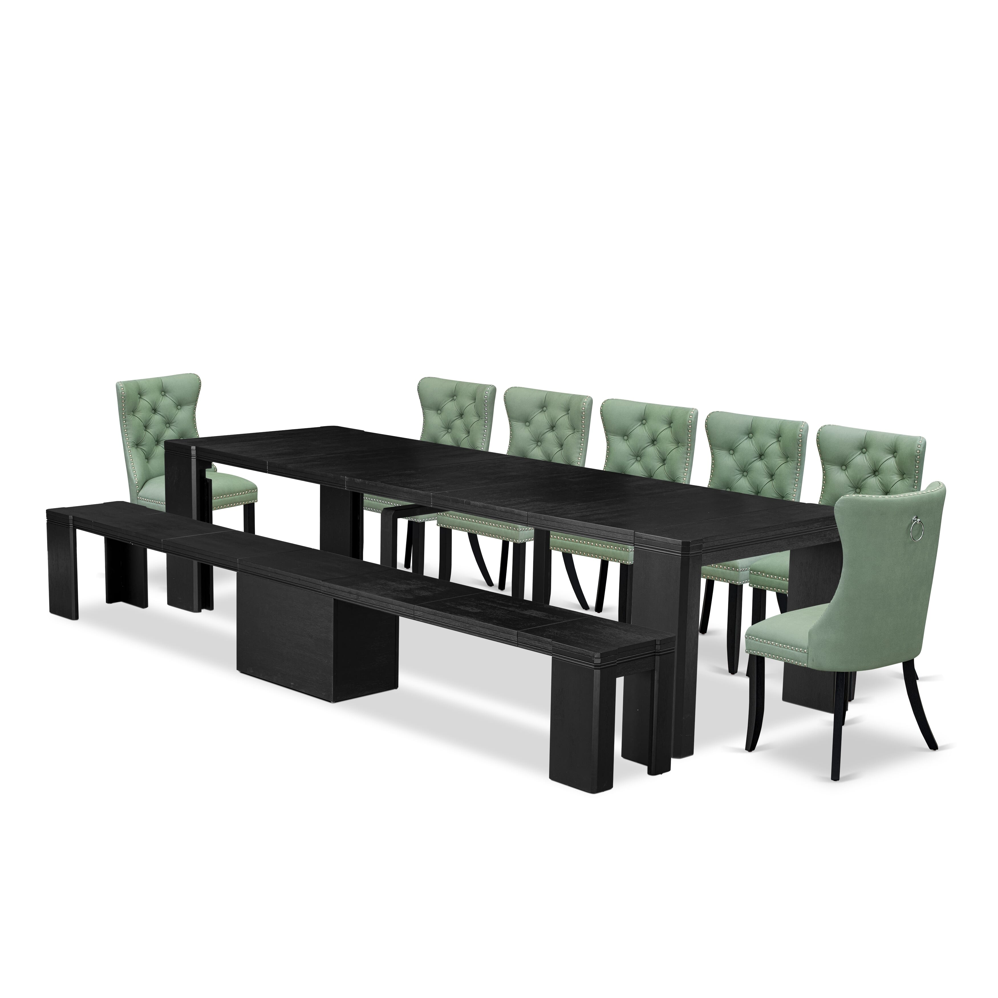 X07DA-B06-22 9-piece Modern Xtenczar Dining Table Set a Rectangular Kitchen Table and wooden Bench and 7 Willow Green Faux Leather Dining Chair, Wire Brushed Black