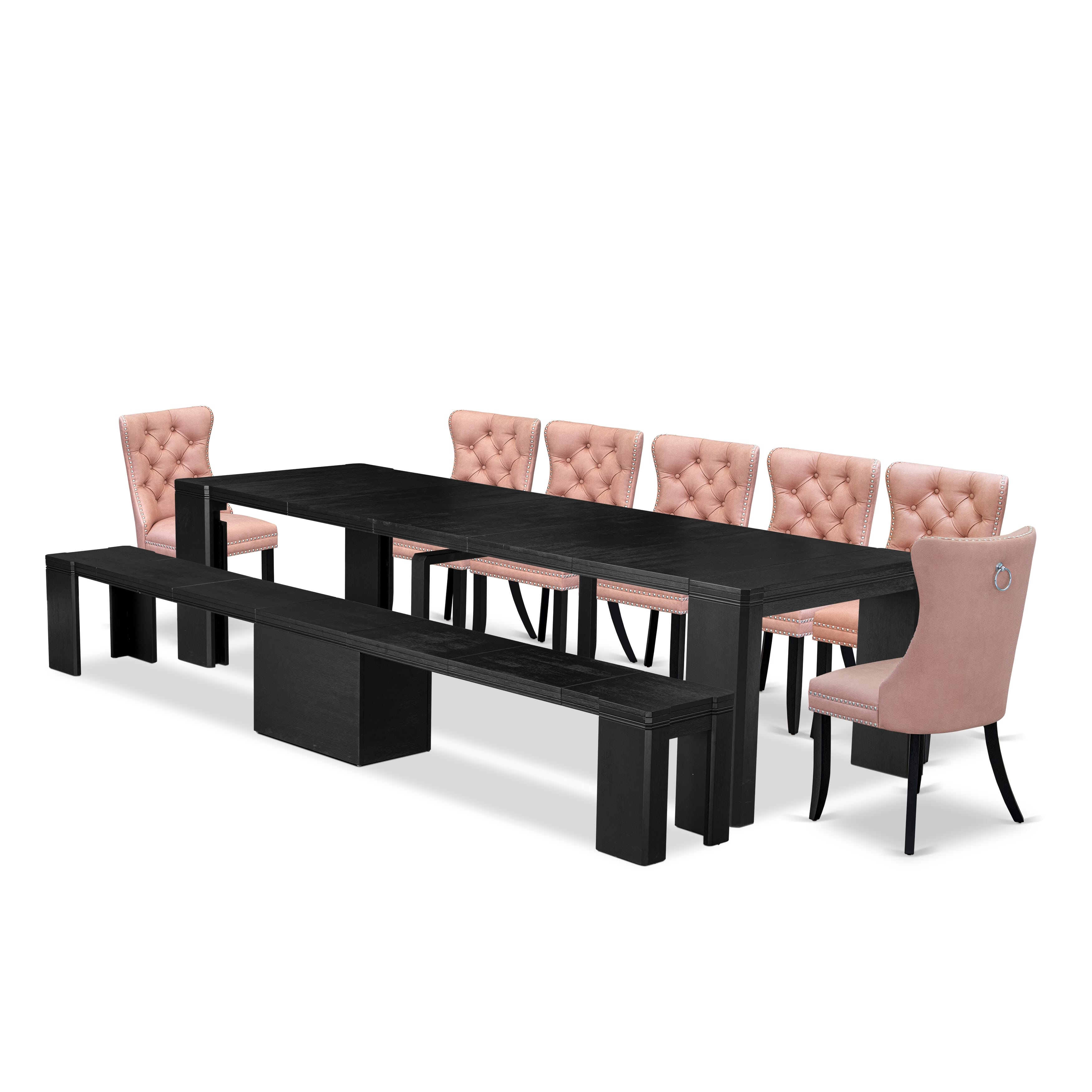 X07DA-B06-23 9-piece Xtenczar Dining Table Set a Rectangular Xtenczar Dining Table and a wooden Bench and 7 Beige Red Faux Leather Kitchen chairs, Wire Brushed Black