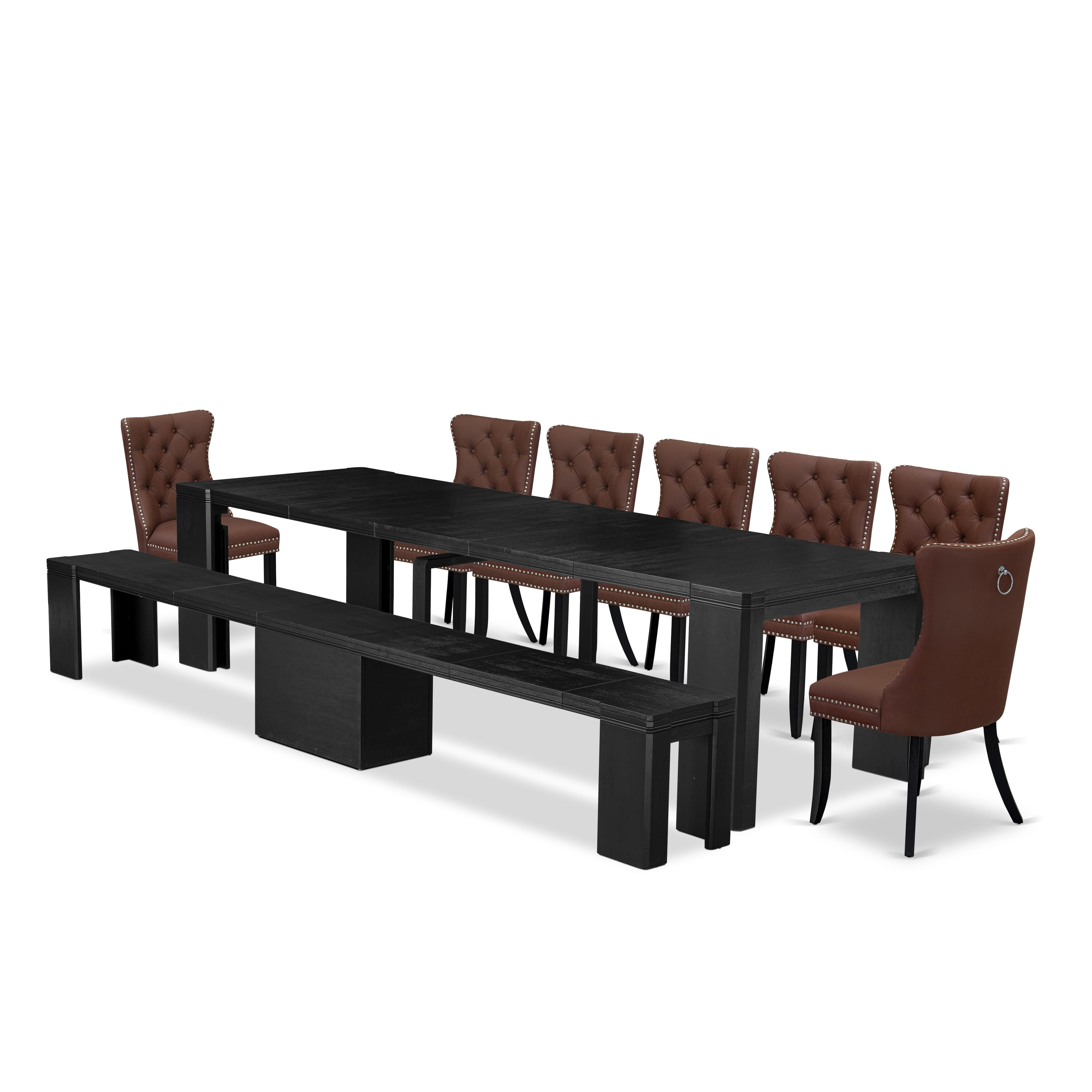 X07DA-B06-26 9-piece Xtenczar Dining Table Set a Rectangular Kitchen Table and a wooden Bench and 7 Burgundy Faux Leather Dining Chair, Wire Brushed Black