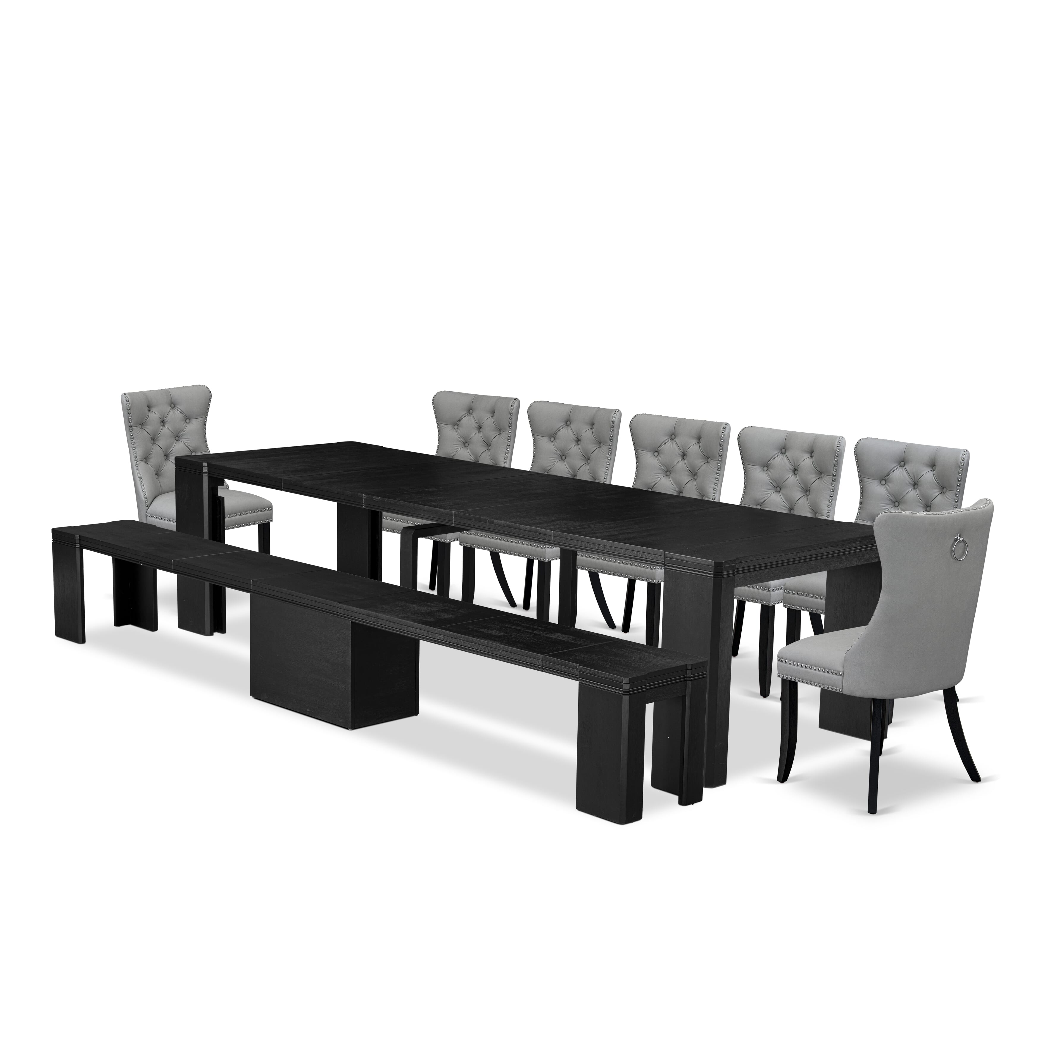 X07DA-B06-27 9-piece Xtenczar Dining Table Set a Rectangular Kitchen Table and a wooden Benh and 7 Light Gray Faux Leather Dining Room Chair, Wire Brushed Black