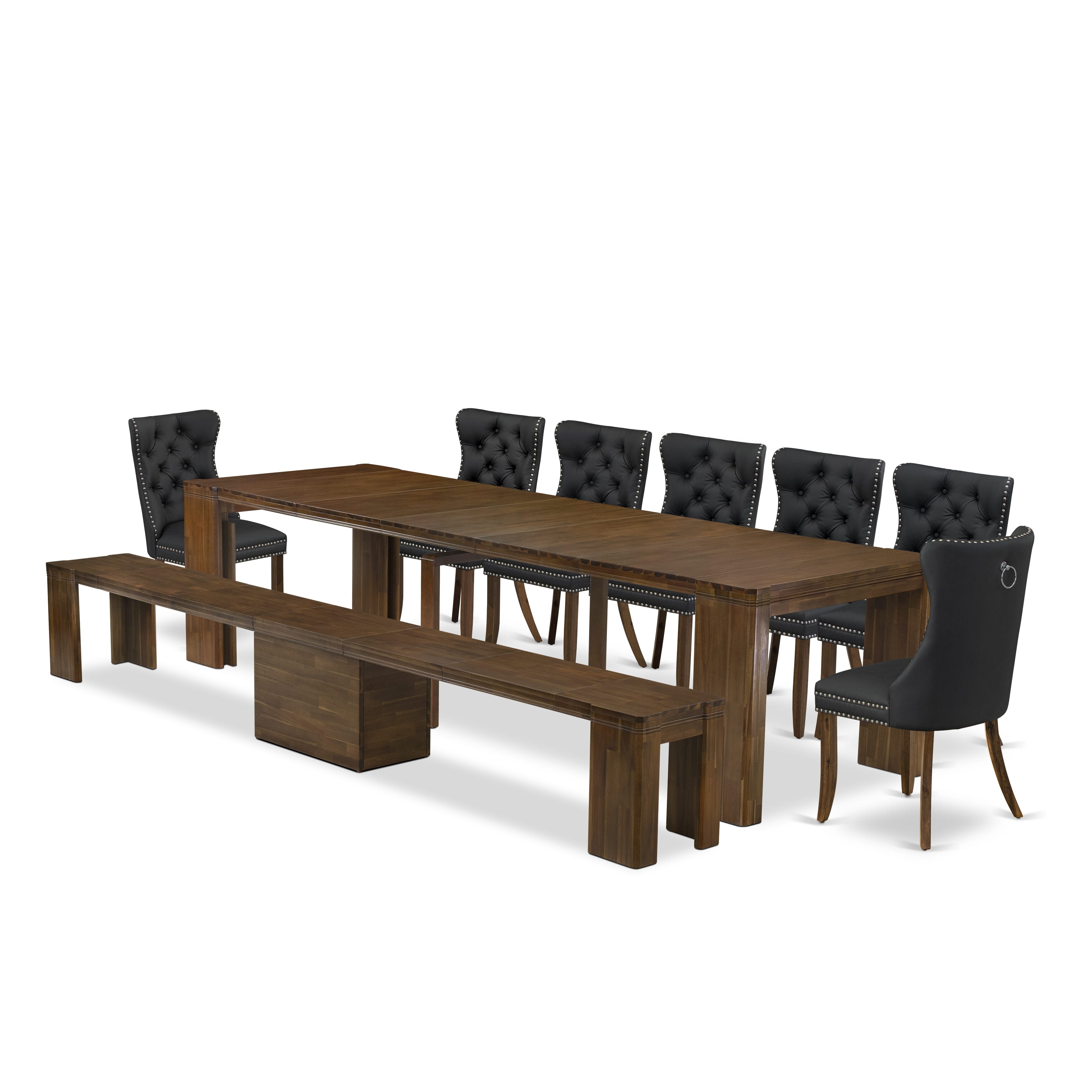 X07DA-B08-12 -9 Pieces Extendable Dining Set Includes a Rectangle Xtenczar Kitchen Table, 7 Dark Gray Faux Leather Dining Chairs and 1 Modern Bench, Antique Walnut