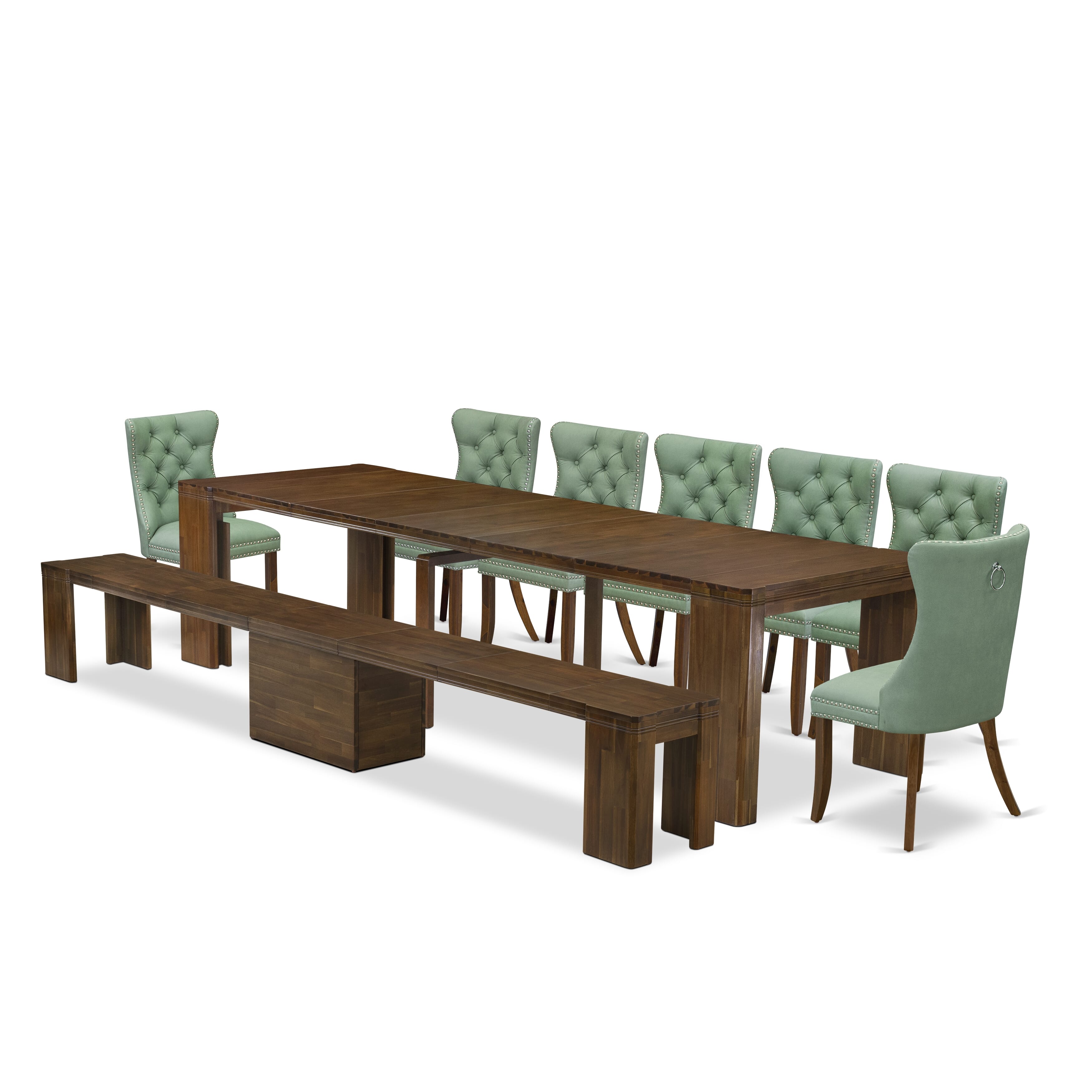 X07DA-B08-22 -9 Pieces Extendable Dining Set Includes a Rectangle Xtenczar Table, 7 Willow Green Faux Leather Dining Chairs and 1 Modern Bench, Antique Walnut