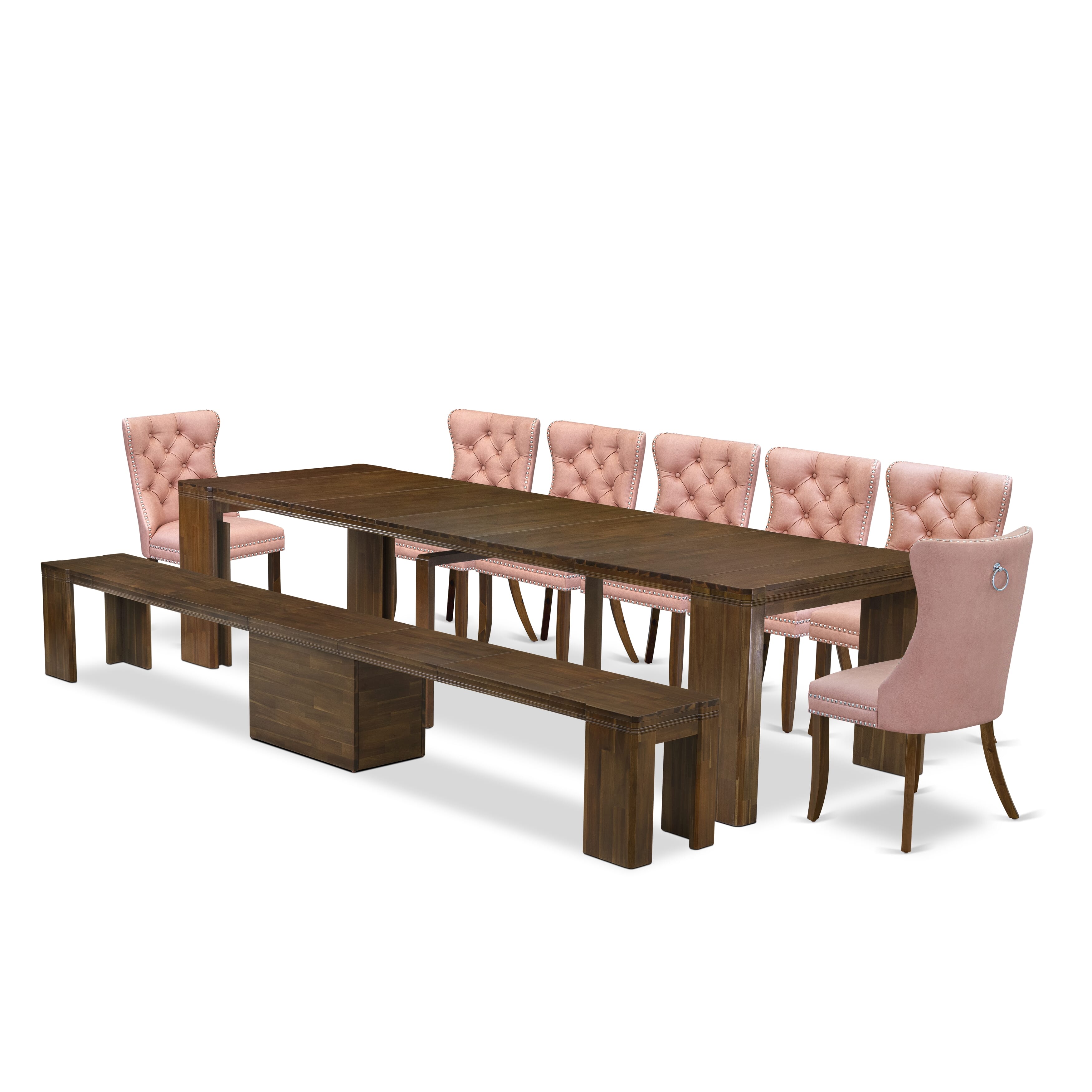 X07DA-B08-23 -9 Pieces Extendable Dining Set Includes a Rectangle Xtenczar Kitchen Table, 7 Beige Red Faux Leather Dining Chairs and 1 Modern Bench, Antique Walnut