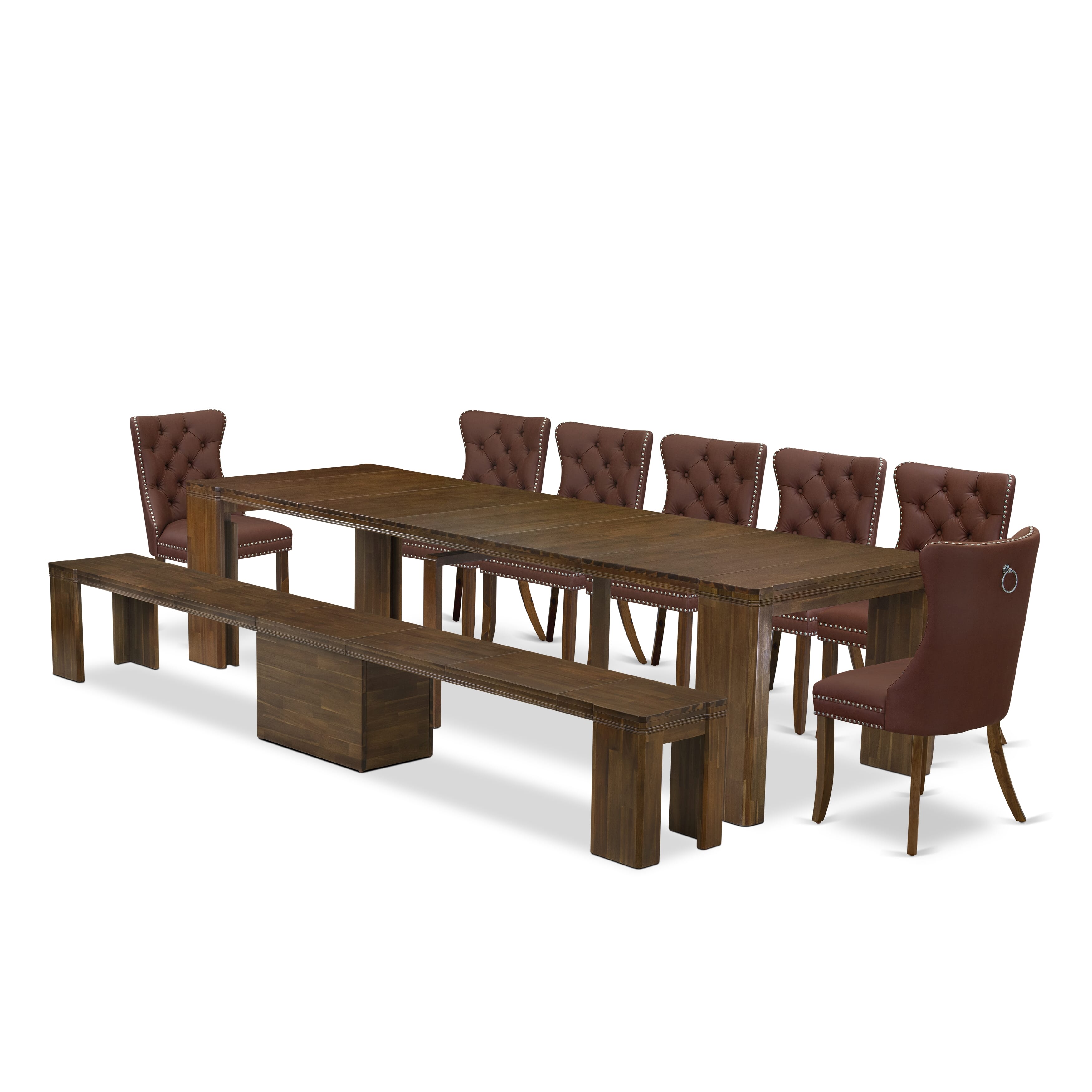X07DA-B08-26 -9 Pieces Extendable Dining Set Includes a Rectangle Xtenczar Table, 7 Burgundy Faux Leather Dining Chairs and 1 Modern Bench, Antique Walnut