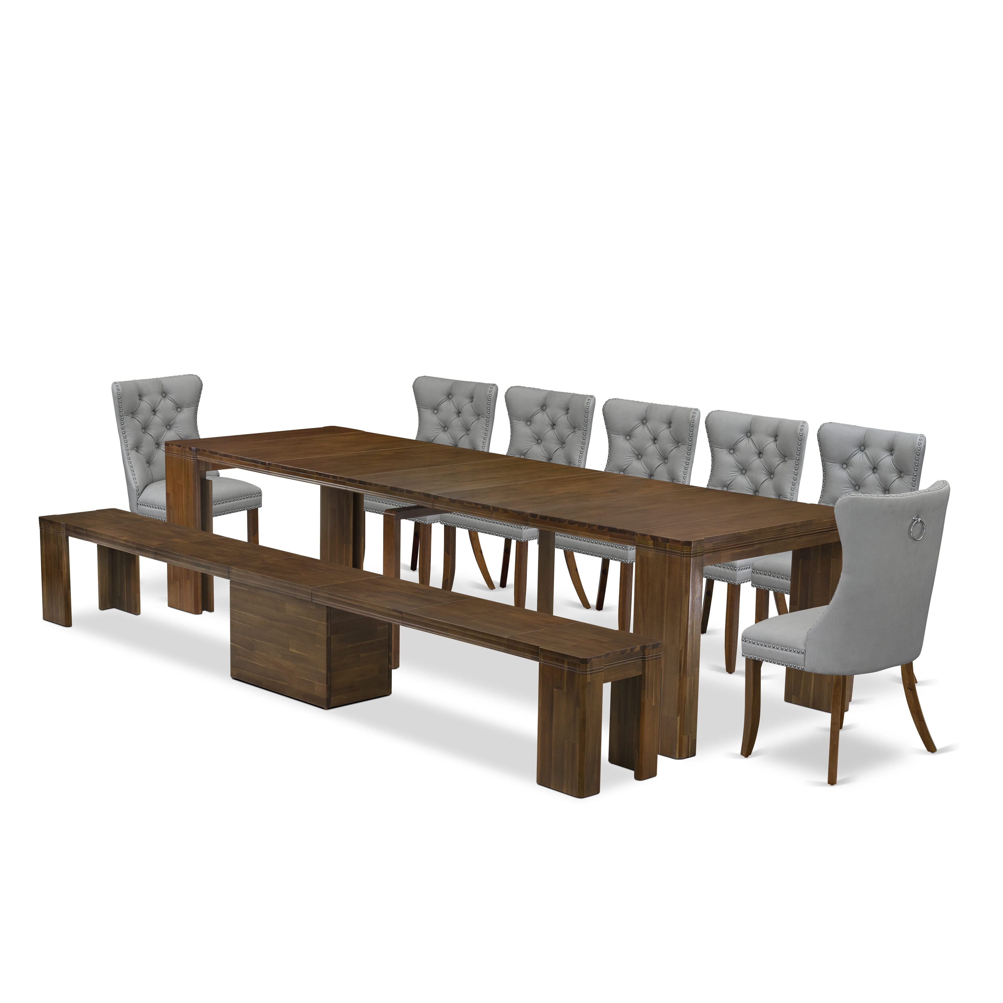 X07DA-B08-27 -9 Pieces Extendable Dining Set Includes a Rectangle Xtenczar Table, 7 Light Gray Faux Leather Dining Chairs and 1 Modern Bench, Antique Walnut