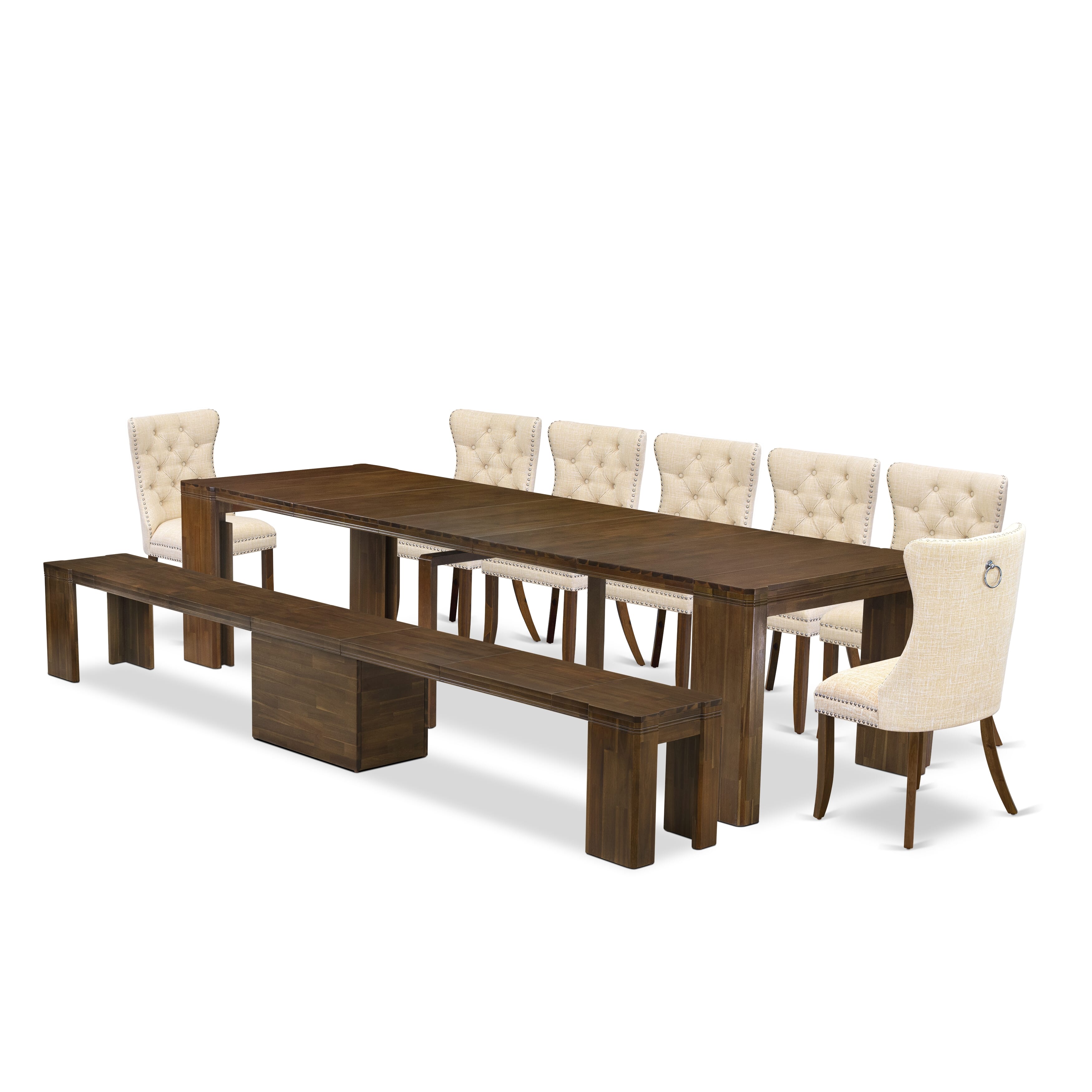 X07DA-B08-32 -9 Pieces Extendable Dining Set Includes a Rectangle Xtenczar Table, 7 Light Beige Linen Fabric Dining Chairs and 1 Modern Bench, Antique Walnut