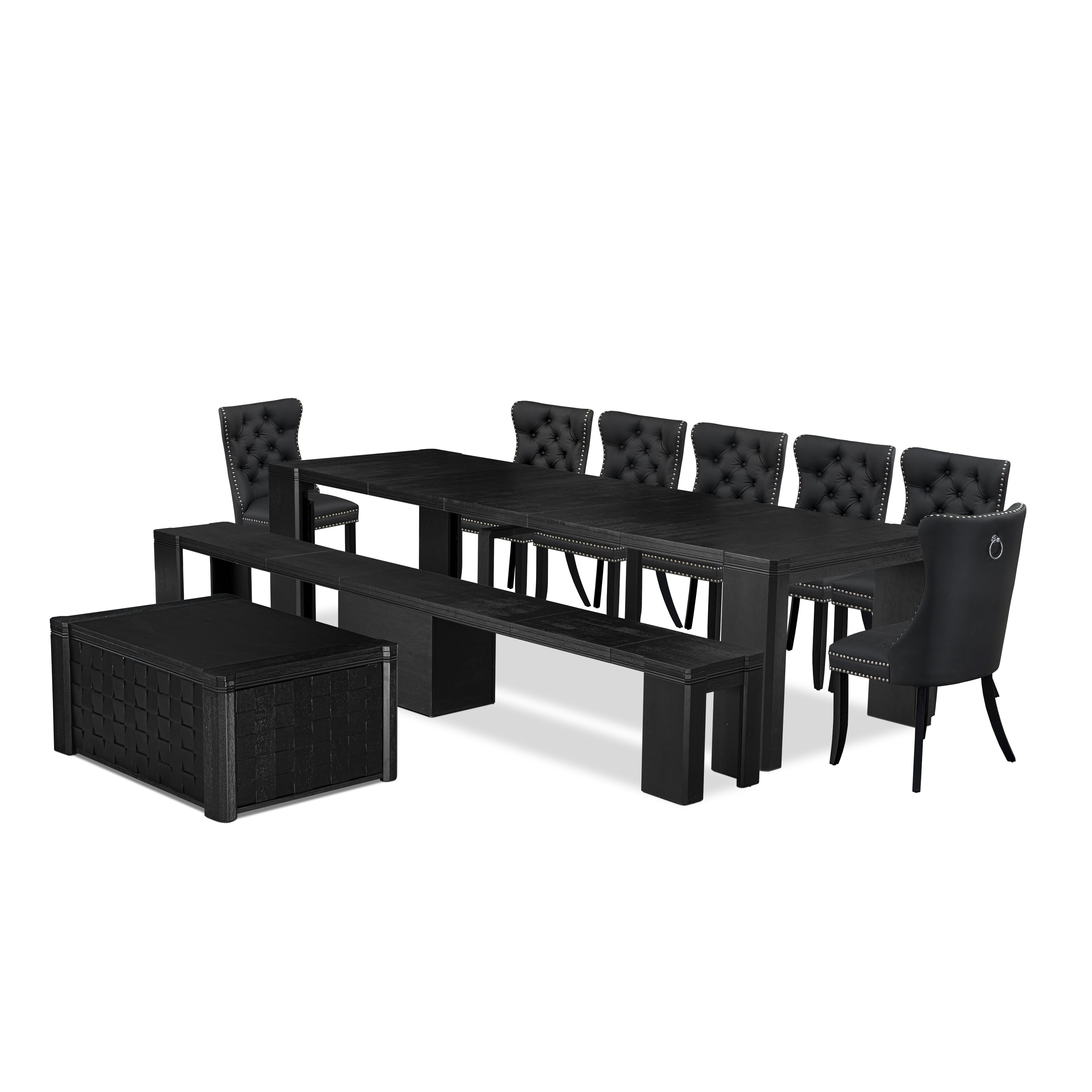 X07DA-BC6-12 10-piece Xtenczar Dining Table Set a Rectangular Kitchen Table with a coffee Table and wooden Benches 7 Dark Grey Faux Leather Dinner Chair, Wire Brushed Black
