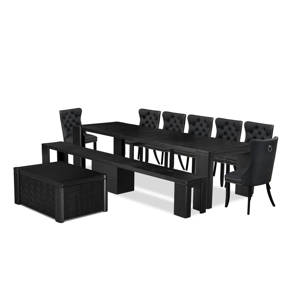 Luxe East West Furniture X07DA-BC6-12 10-piece Dining room Table Set a Rectangular Kitchen Table with a coffee Table and wooden Benches 7 Dark Grey Faux Leather Dinner Chair