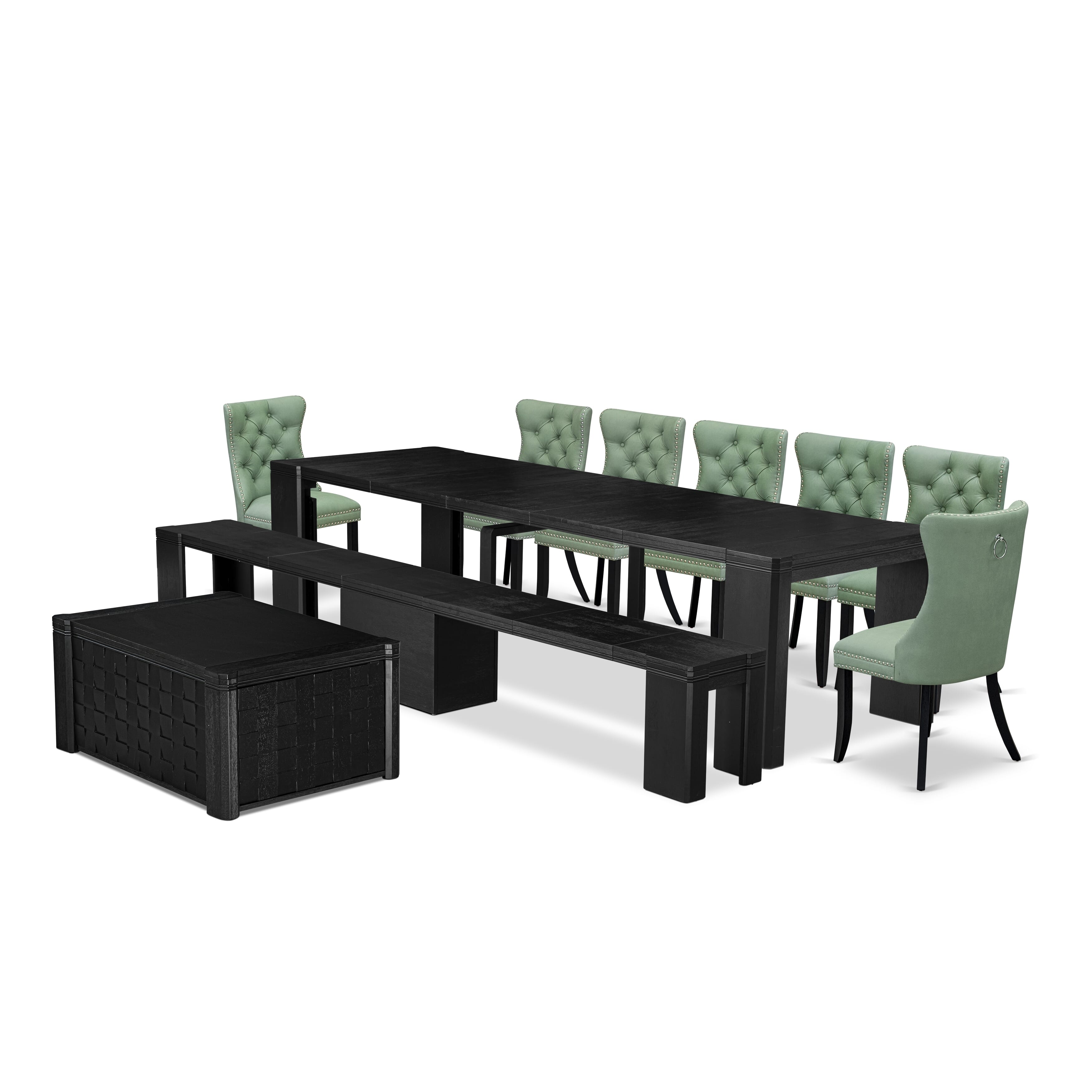 X07DA-BC6-22 10-pc Xtenczar Dining Table Set a Rectangular Kitchen Table with a coffee Table and a wooden Bench and 7 Willow Green Leather Dining Chair, Wire Brushed Black