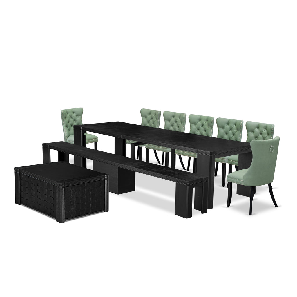 Luxe East West Furniture X07DA-BC6-22 10-piece Dining Room Table Set a Rectangular Kitchen Table with a coffee Table and a wooden Bench and 7 Willow Green Faux Leather Dining Chair