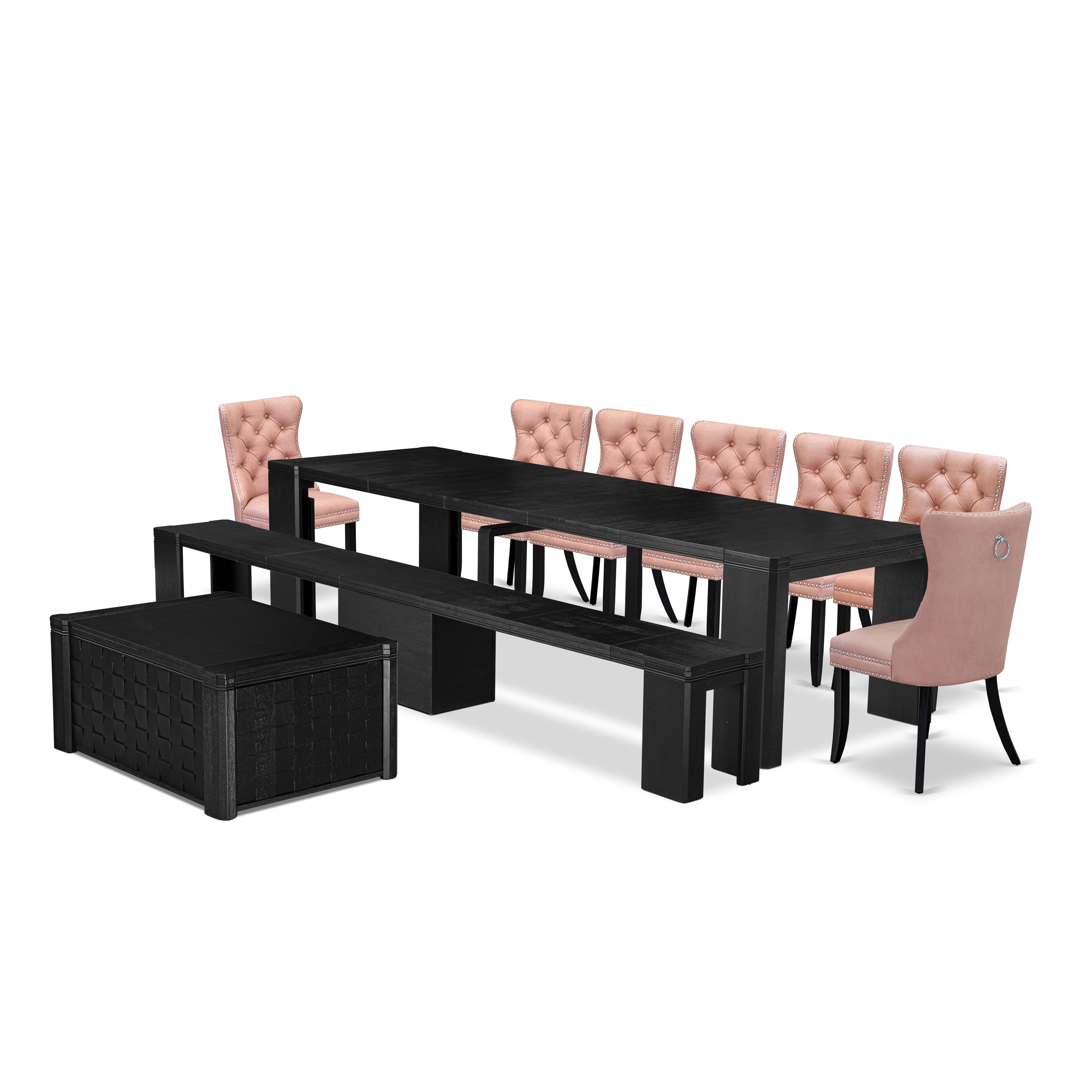 X07DA-BC6-23 10-pc Xtenczar Dining Table Set a Rectangular Kitchen Table with a coffee Table and wooden Bench and 7 Beige Red Faux Leather Dining Chair, Wire Brushed Black