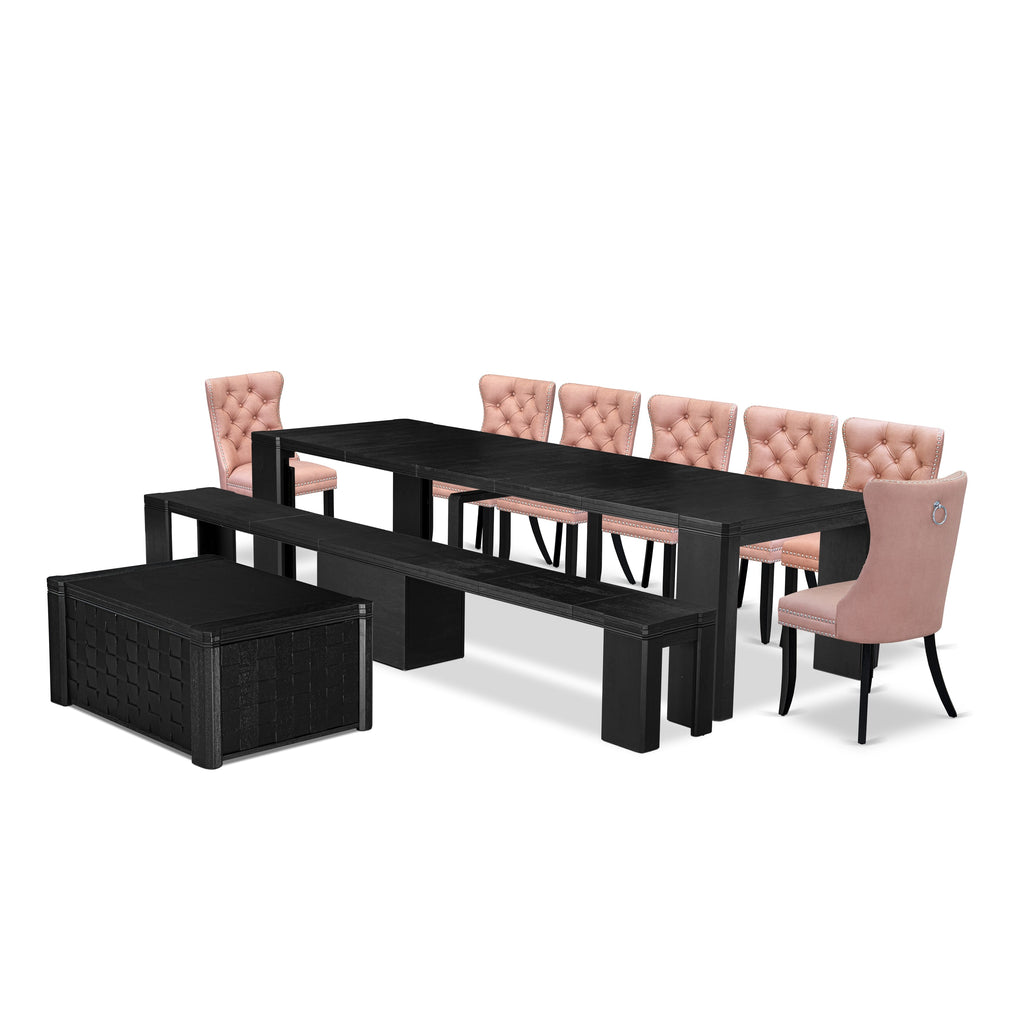 Luxe East West Furniture X07DA-BC6-23 10-piece Dining Room Table Set a Rectangular Kitchen Table with a coffee Table and wooden Bench and 7 Beige Red Faux Leather Dining Chair