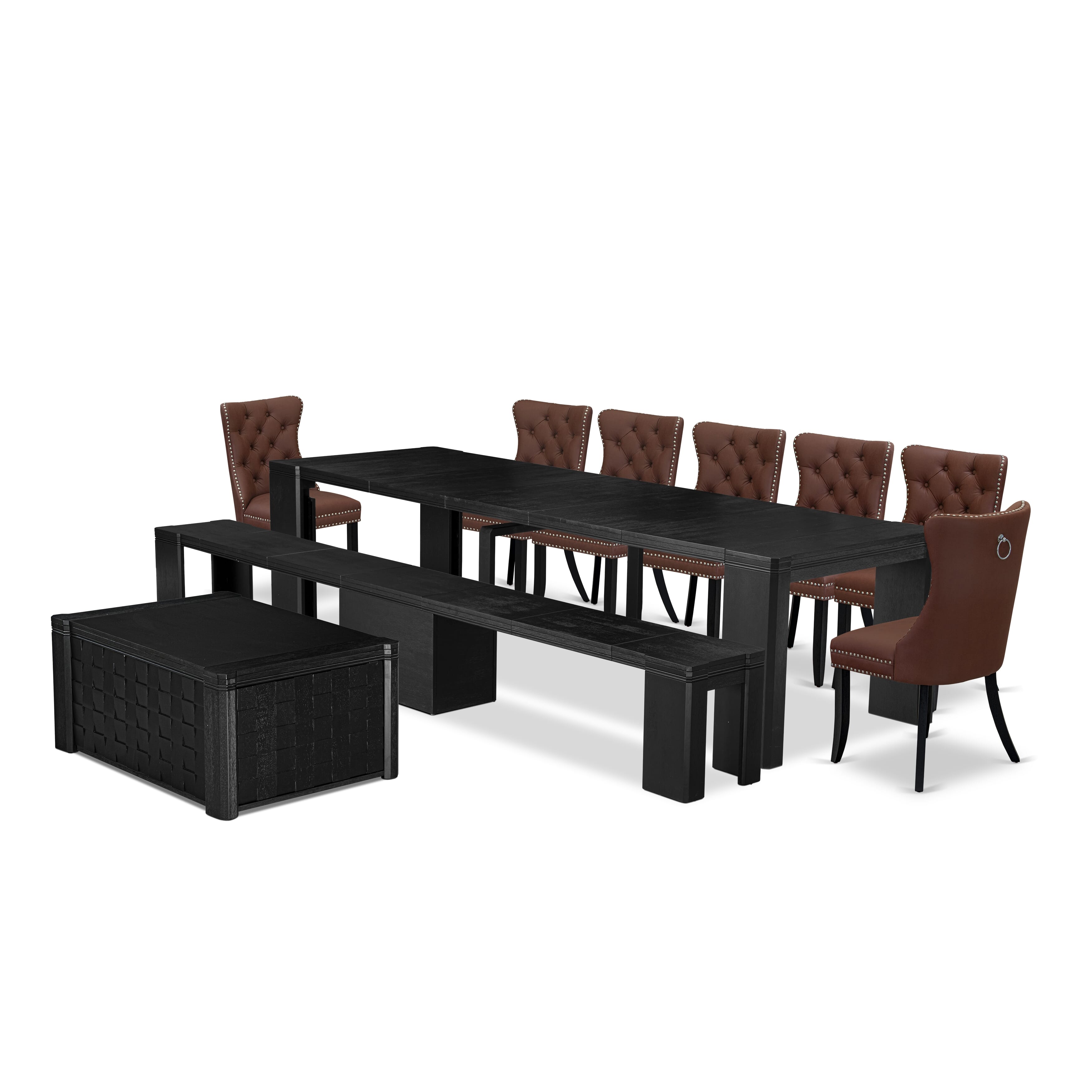 X07DA-BC6-26 10-piece Xtenczar Dining Table Set a Rectangular Dining Table with a coffee Table and a wooden Bench and 7 Burgundy Leather Kitchen Chair, Wire Brushed Black