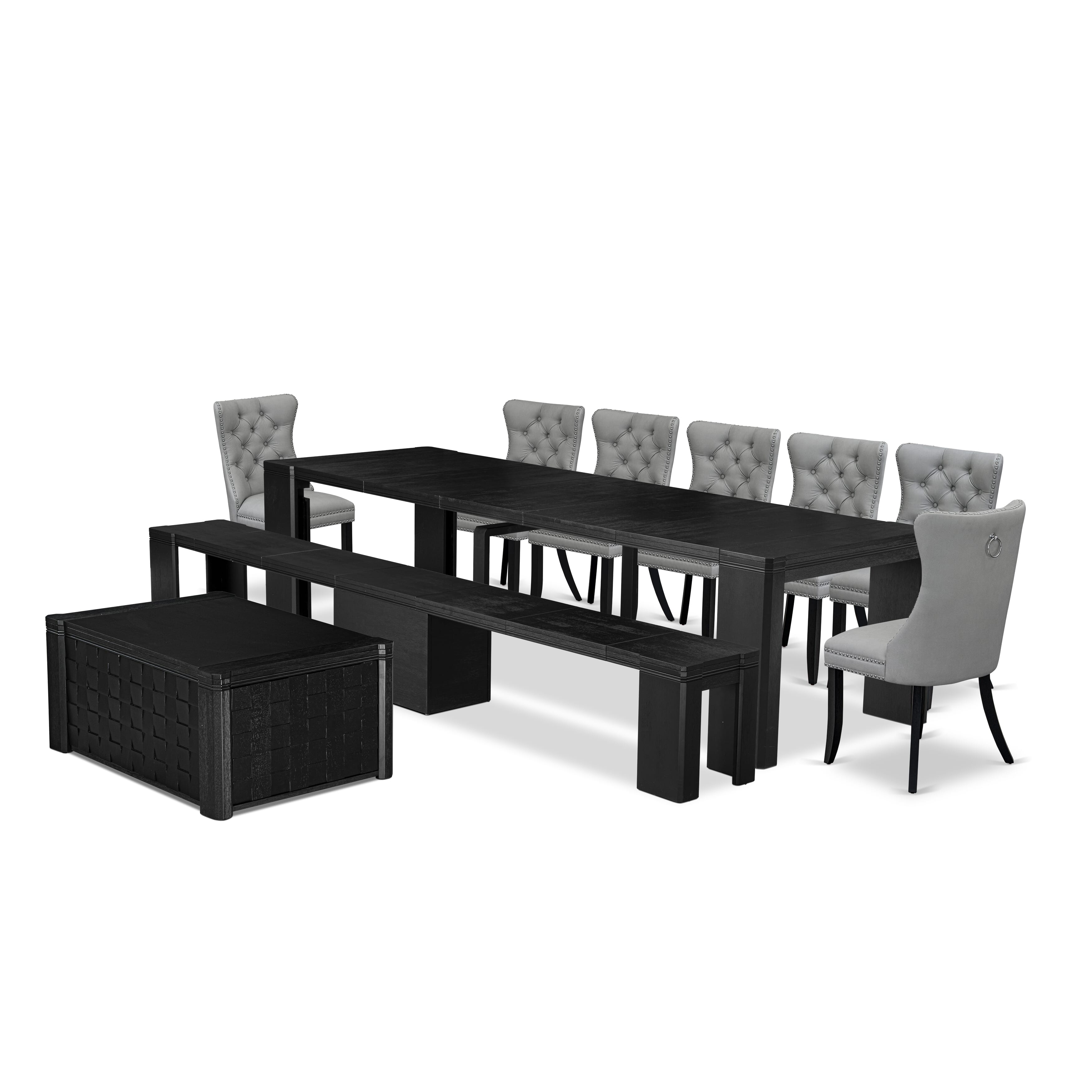 X07DA-BC6-27 10-pc Xtenczar Dining Table Set a Rectangular Kitchen Table with a coffee Table and a wooden Benh and 7 Light Gray Leather Dining Room Chair, Wire Brushed Black