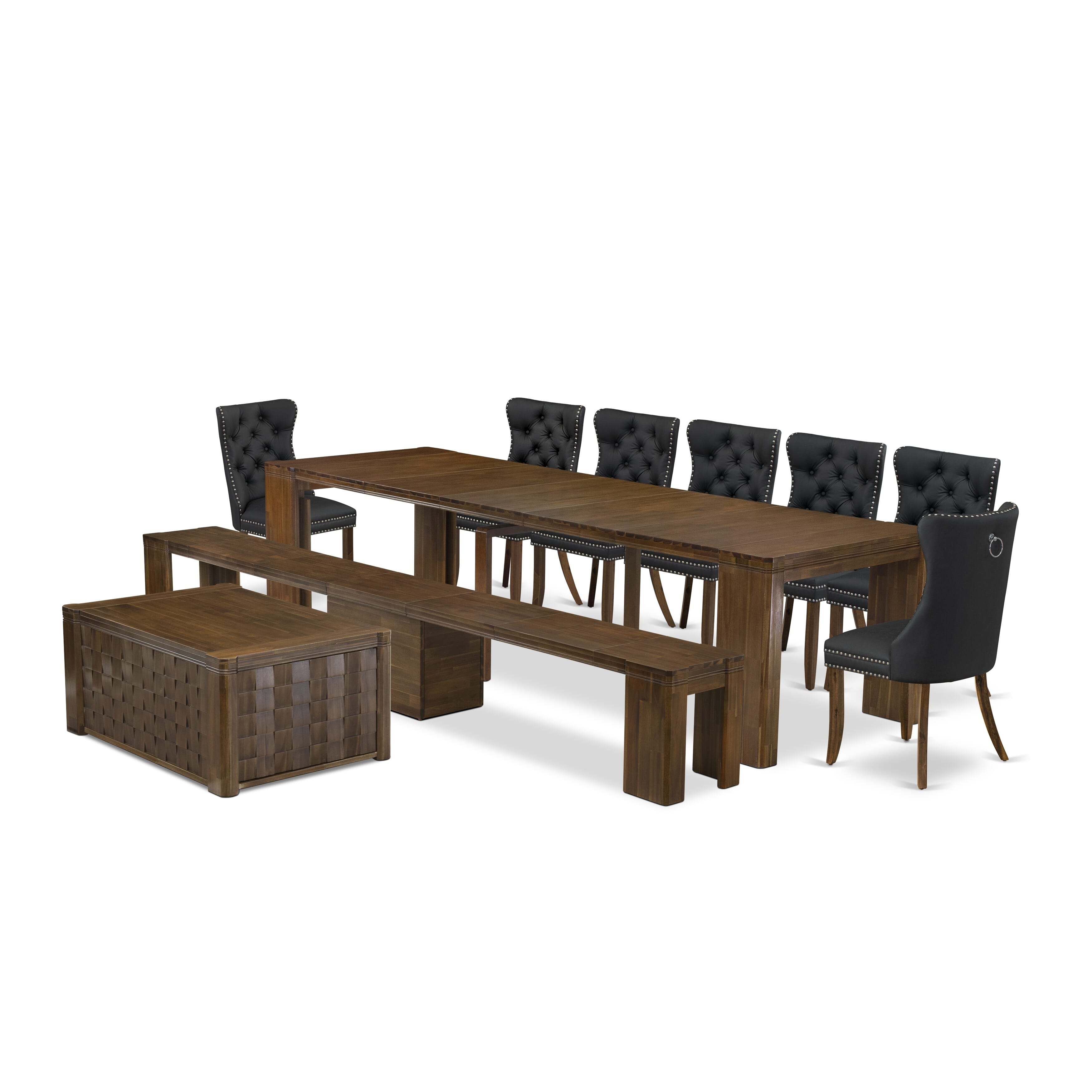 X07DA-BC8-12 -10 Pc Extendable Dining Set Includes a Rectangle Xtenczar Kitchen Table, 1 Coffee Table, 7 Dark Gray Leather Chairs and 1 Modern Bench, Antique Walnut