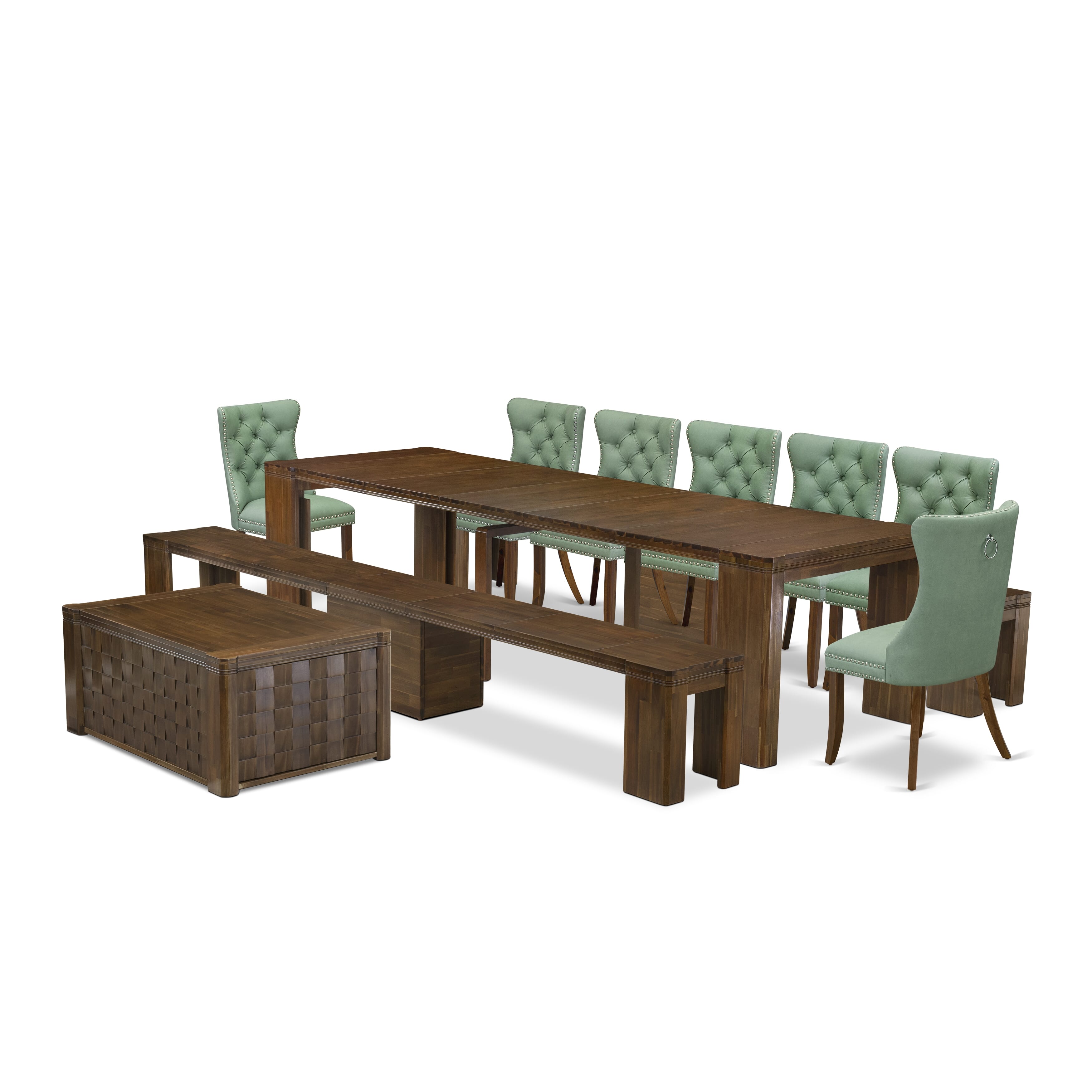 X07DA-BC8-22 -10 Pc Extendable Dining Set Includes a Rectangle Xtenczar Kitchen Table, 1 Coffee Table, 7 Willow Green Leather Chairs and 1 Modern Bench, Antique Walnut