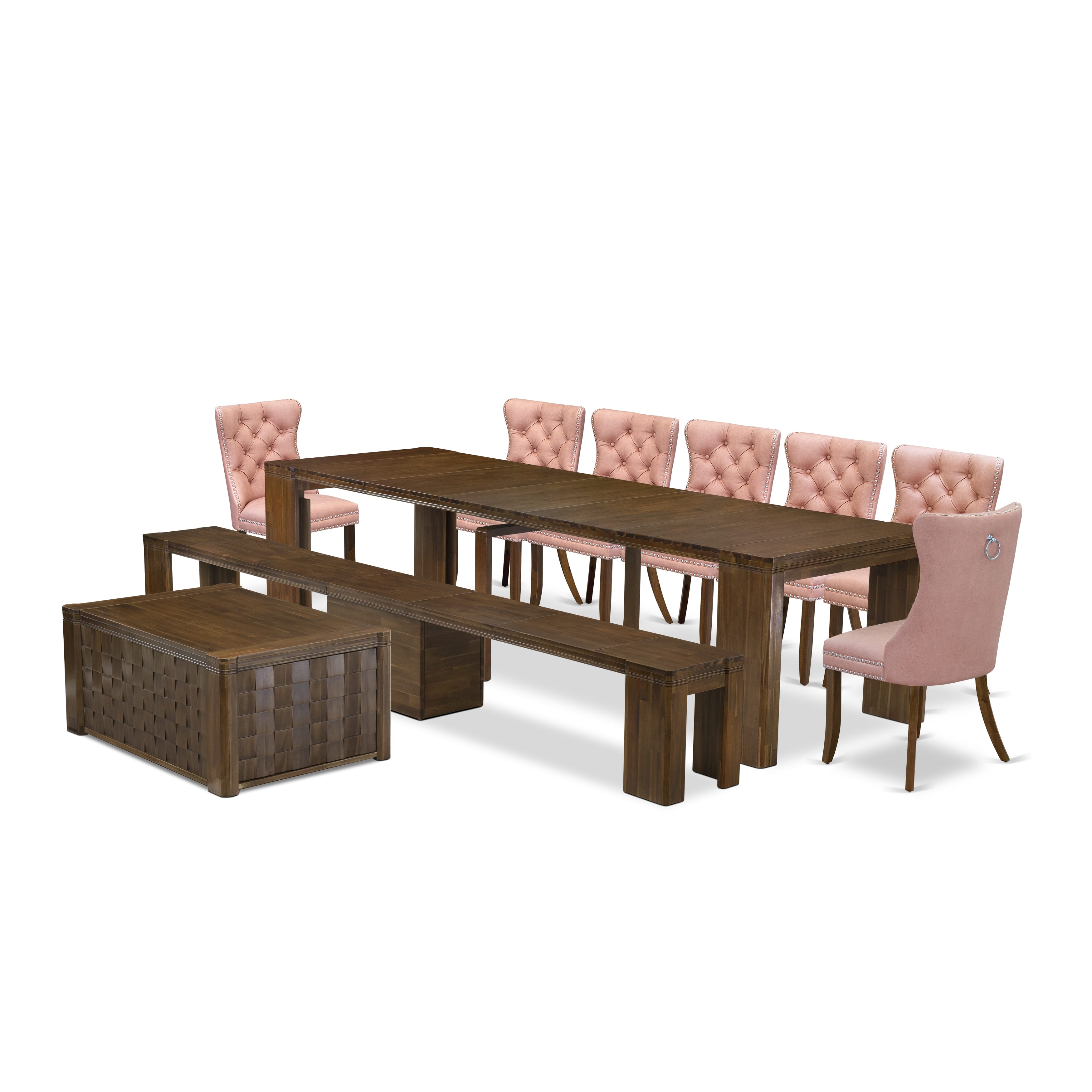 X07DA-BC8-23 -10 Pc Extendable Dining Set Includes a Rectangle Xtenczar Kitchen Table, 1 Coffee Table, 7 Beige Red Leather Chairs and 1 Modern Bench, Antique Walnut