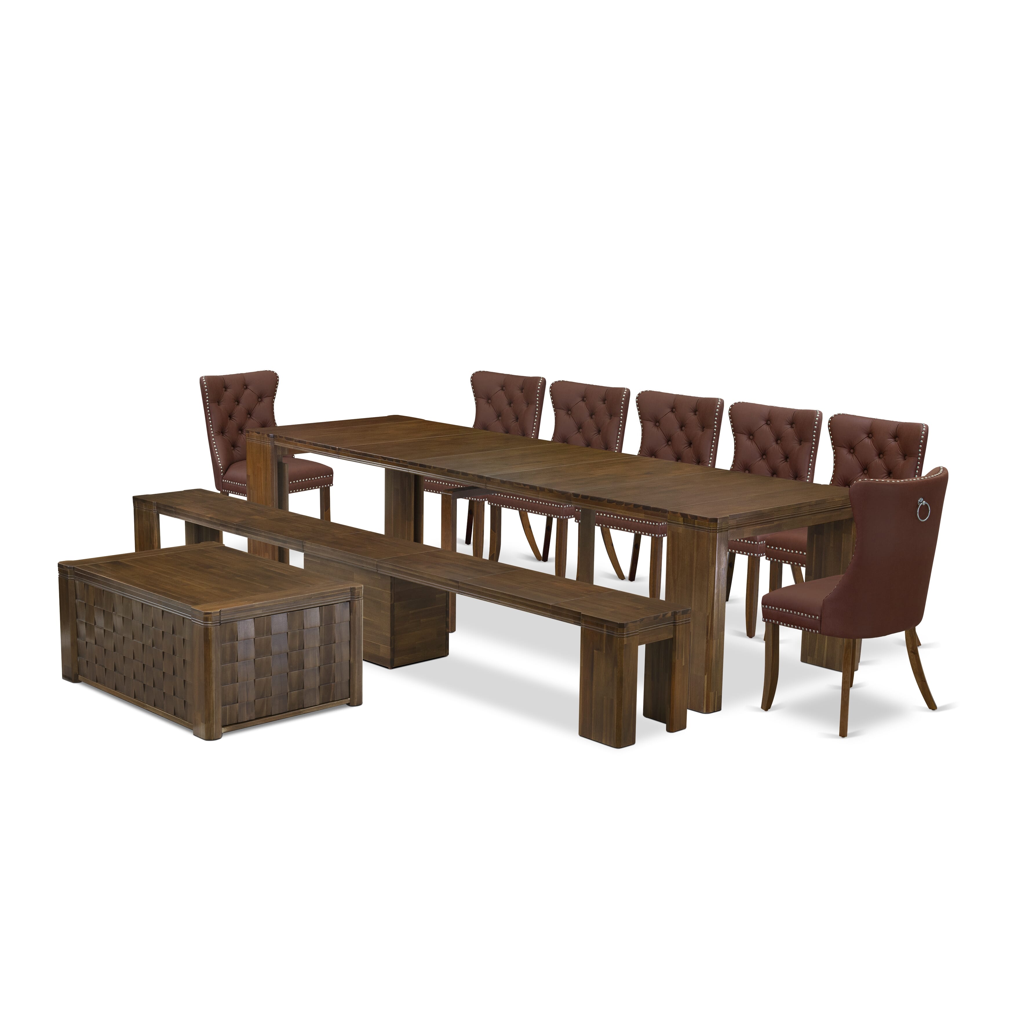 X07DA-BC8-26 -10 Pieces Extendable Dining Set Includes a Rectangle Xtenczar Table, 1 Coffee Table, 7 Burgundy Faux Leather Dining Chairs and 1 Modern Bench, Antique Walnut