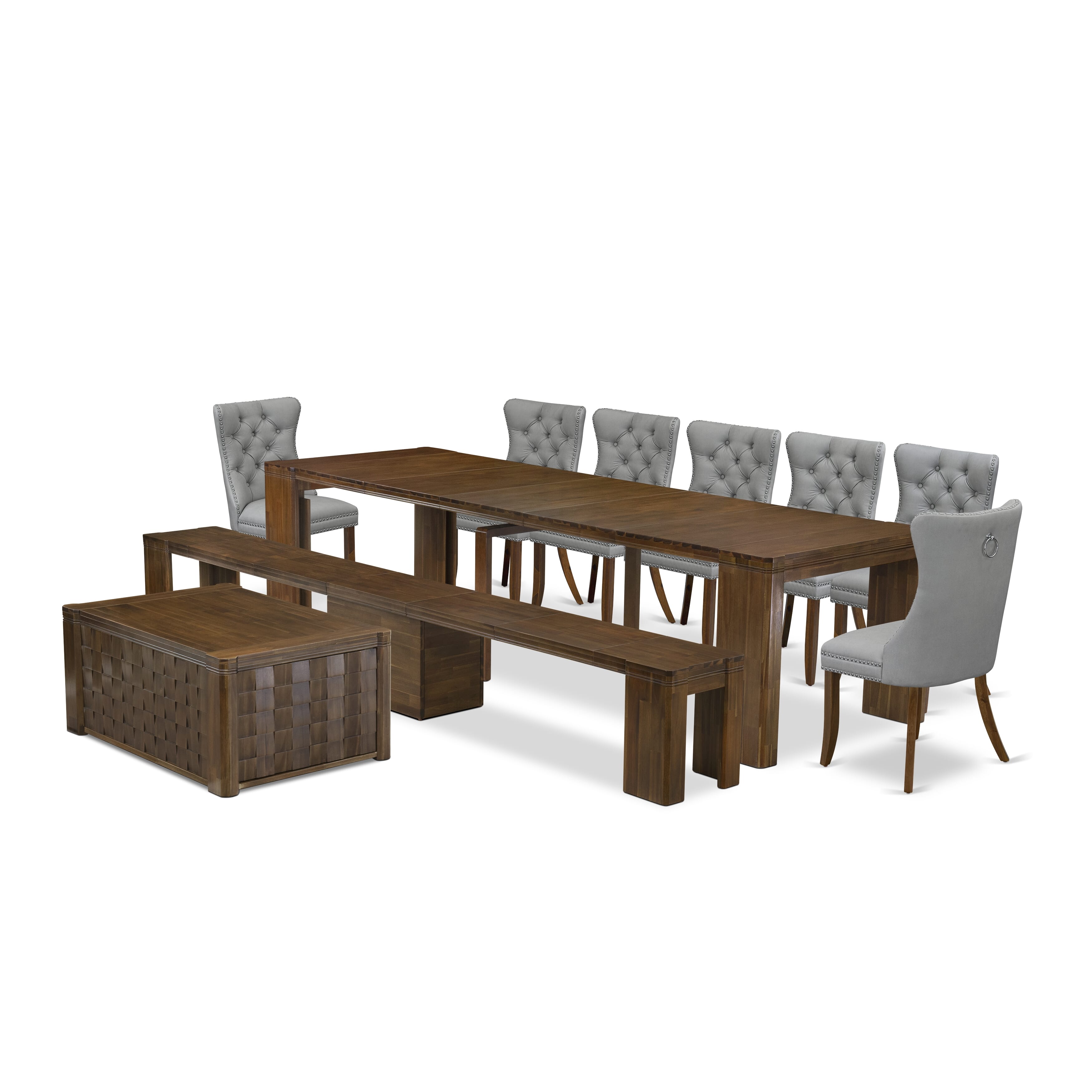 X07DA-BC8-27-10 Pc Extendable Dining Set Includes a Rectangle Xtenczar Table, 1 Coffee Table, 7 Light Gray Leather Chairs and 1 Modern Bench, Antique Walnut