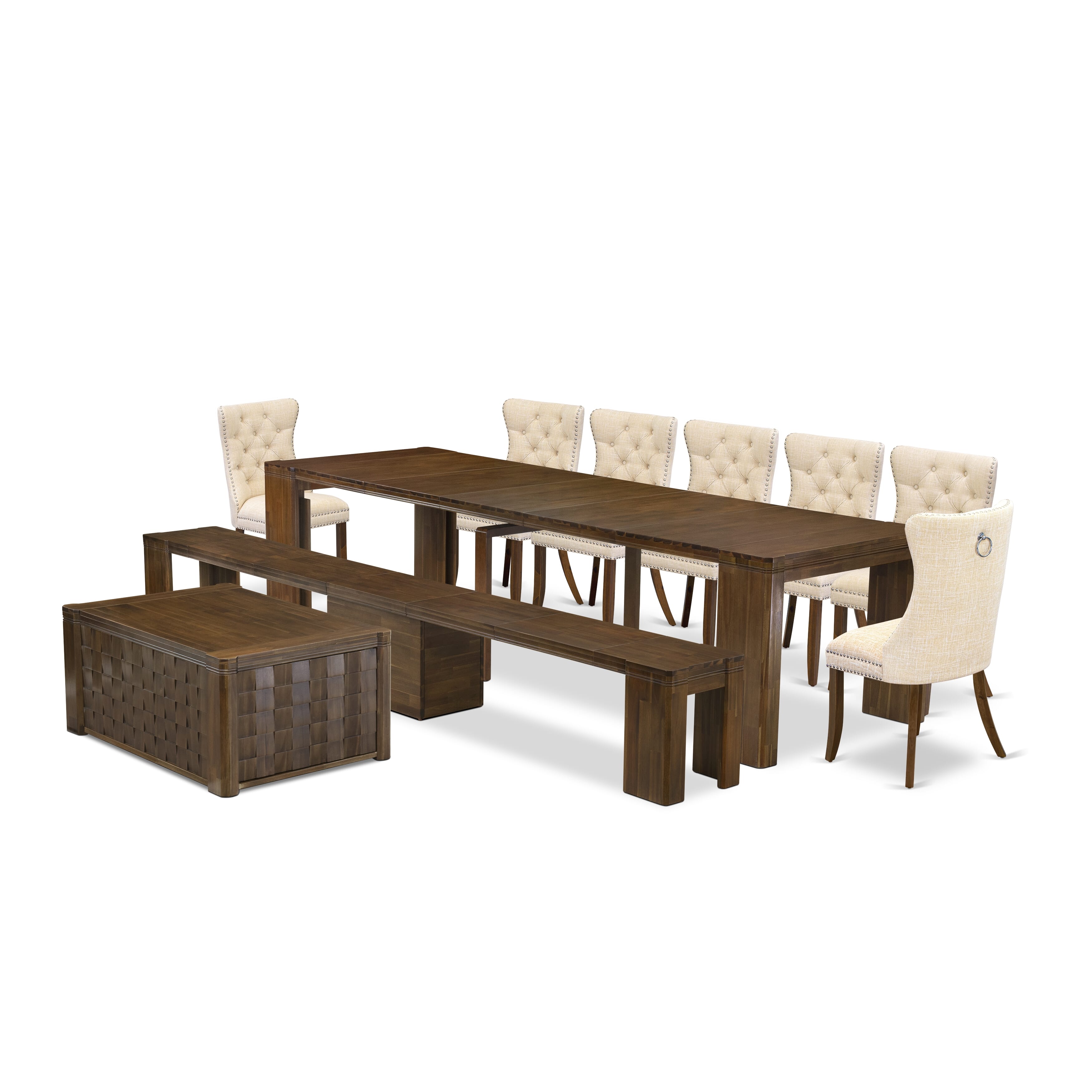 X07DA-BC8-32 -10 Pc Extendable Dining Set Includes a Rectangle Xtenczar Table, 1 Coffee Table, 7 Light Beige Linen Fabric Dining Chairs and 1 Modern Bench, Antique Walnut