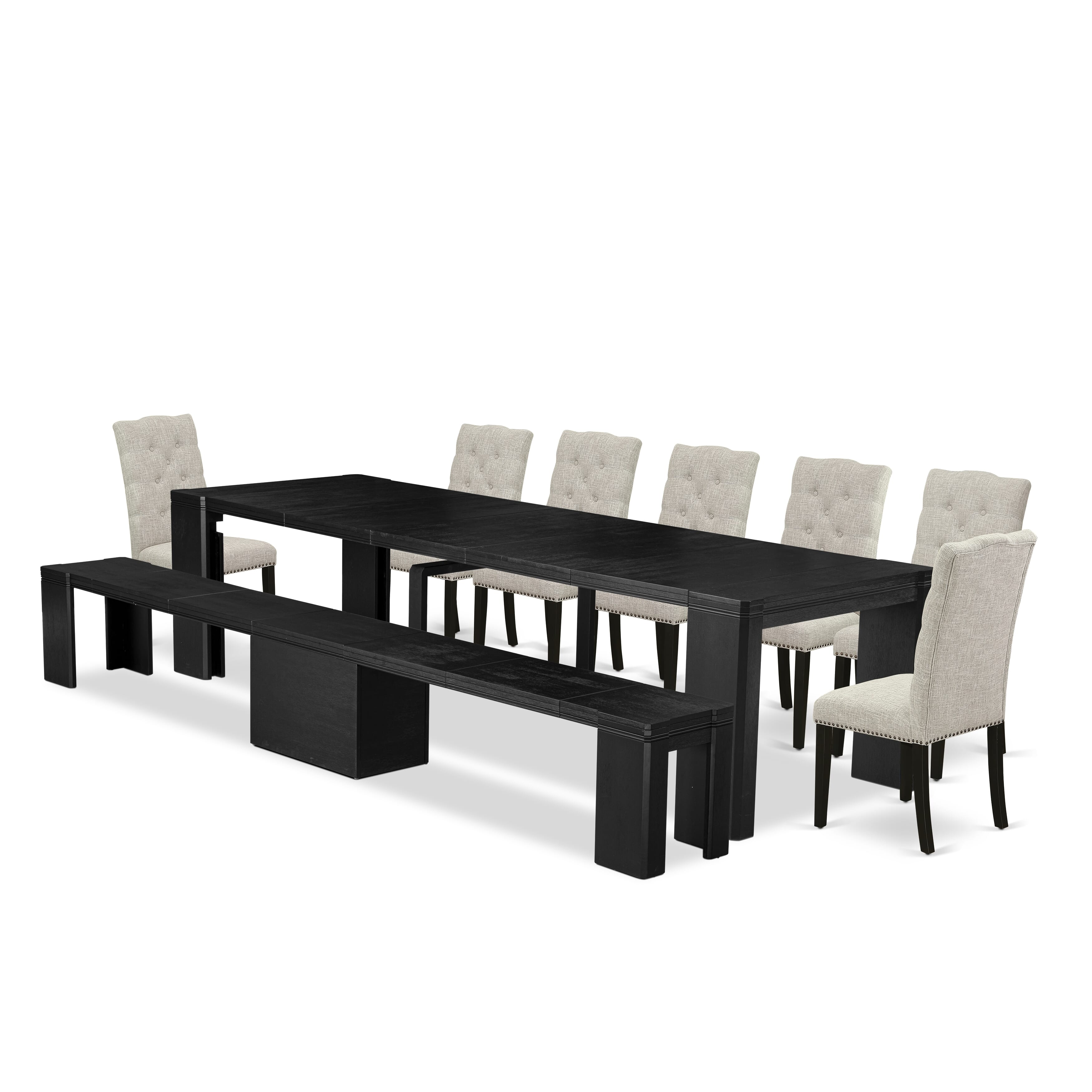 X07EL-B06-35 9-piece Xtenczar Dining Table Set a Rectangular Kitchen Table with a wooden Bench and 7 Doeskin Linen Fabric Dining Chair, Wire Brushed Black