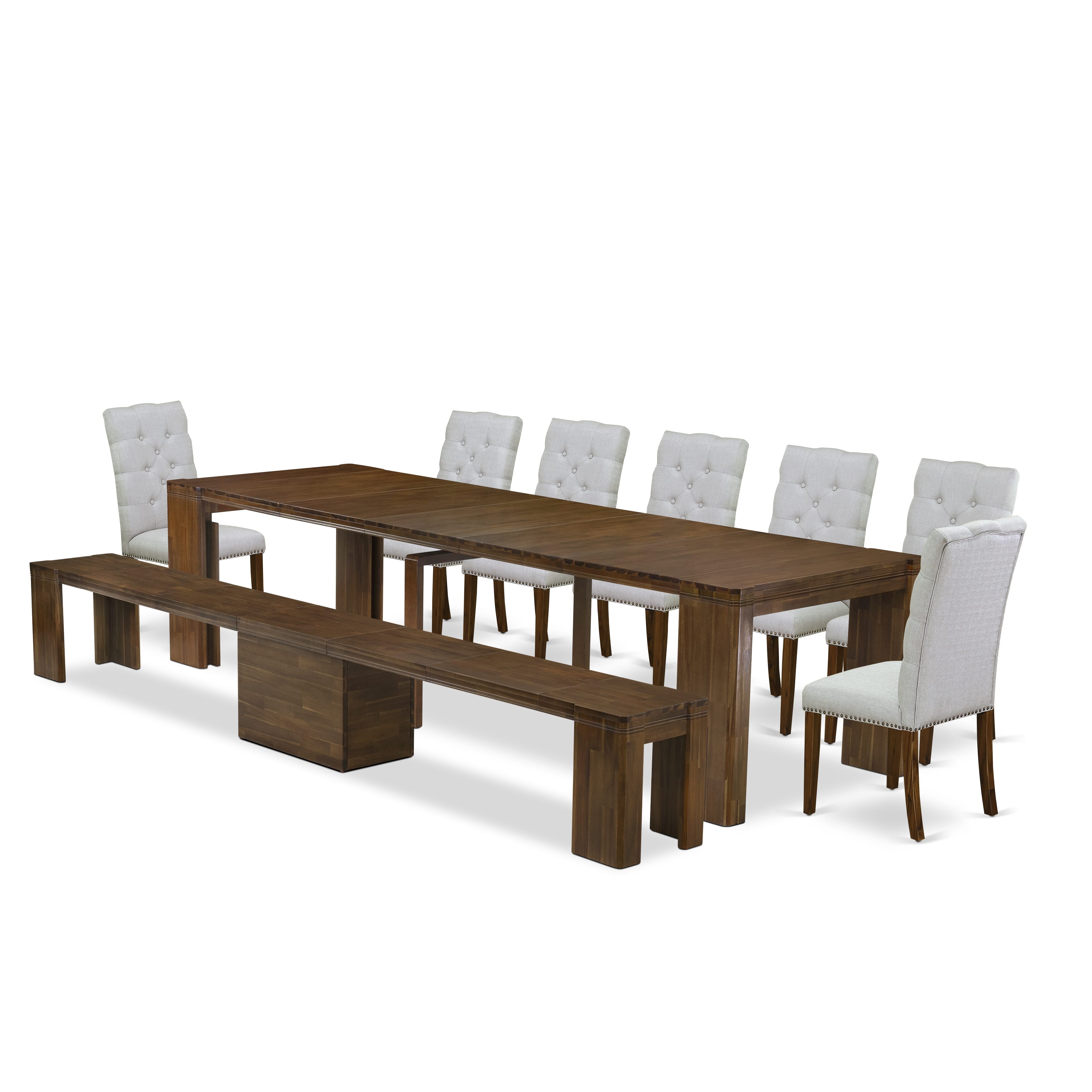 X07EL-B08-05-9 Pieces Extendable Dining Set Includes a Rectangle Xtenczar Dining Table, 7 Grey Linen Fabric Dining Chairs and 1 Modern Bench, Antique Walnut