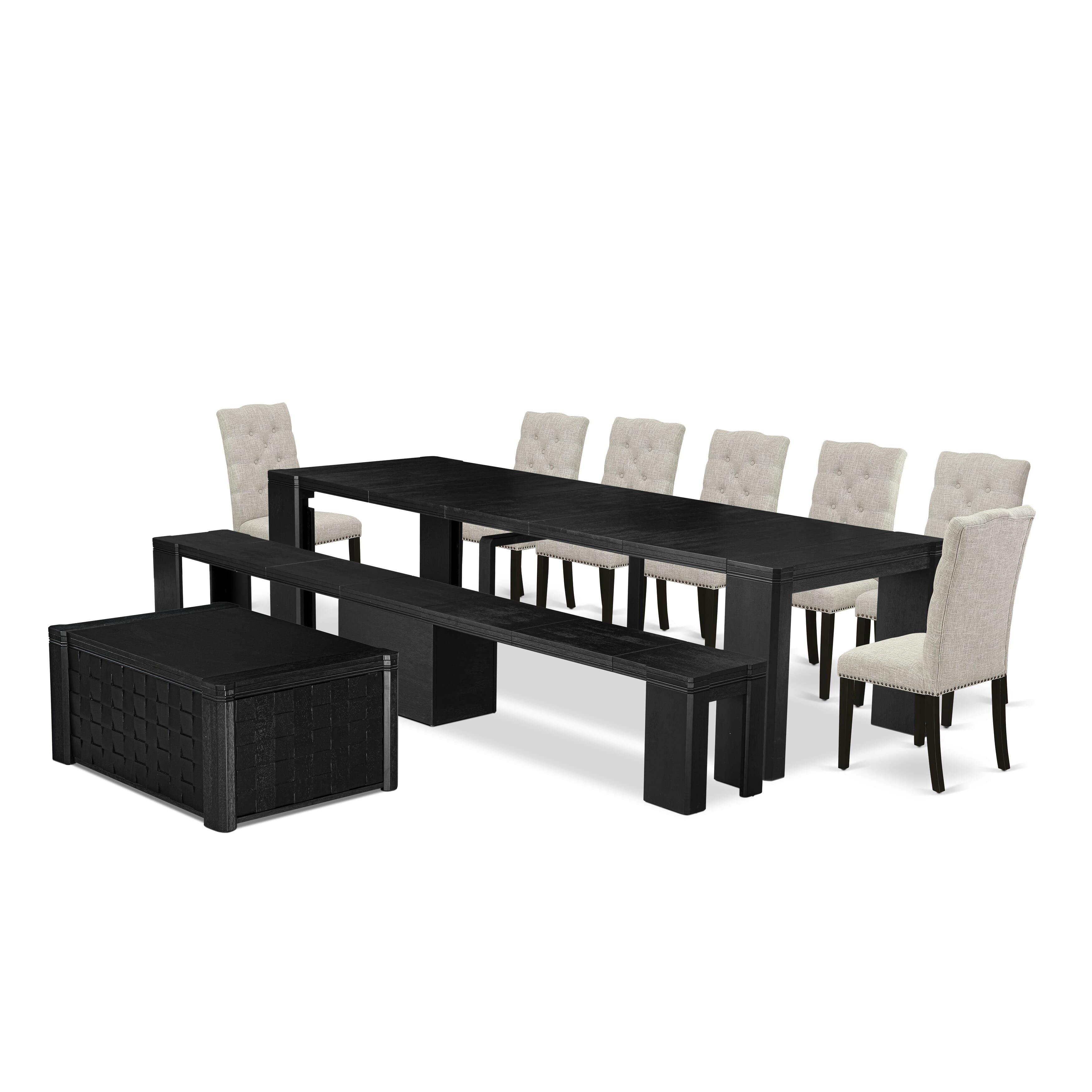 X07EL-BC6-35 10-pc Kitchen Table Set a Rectangular Xtenczar Dining Table with a coffee Table wooden Bench and 7 Doeskin Linen Fabric Dining Chair, Wire Brushed Black