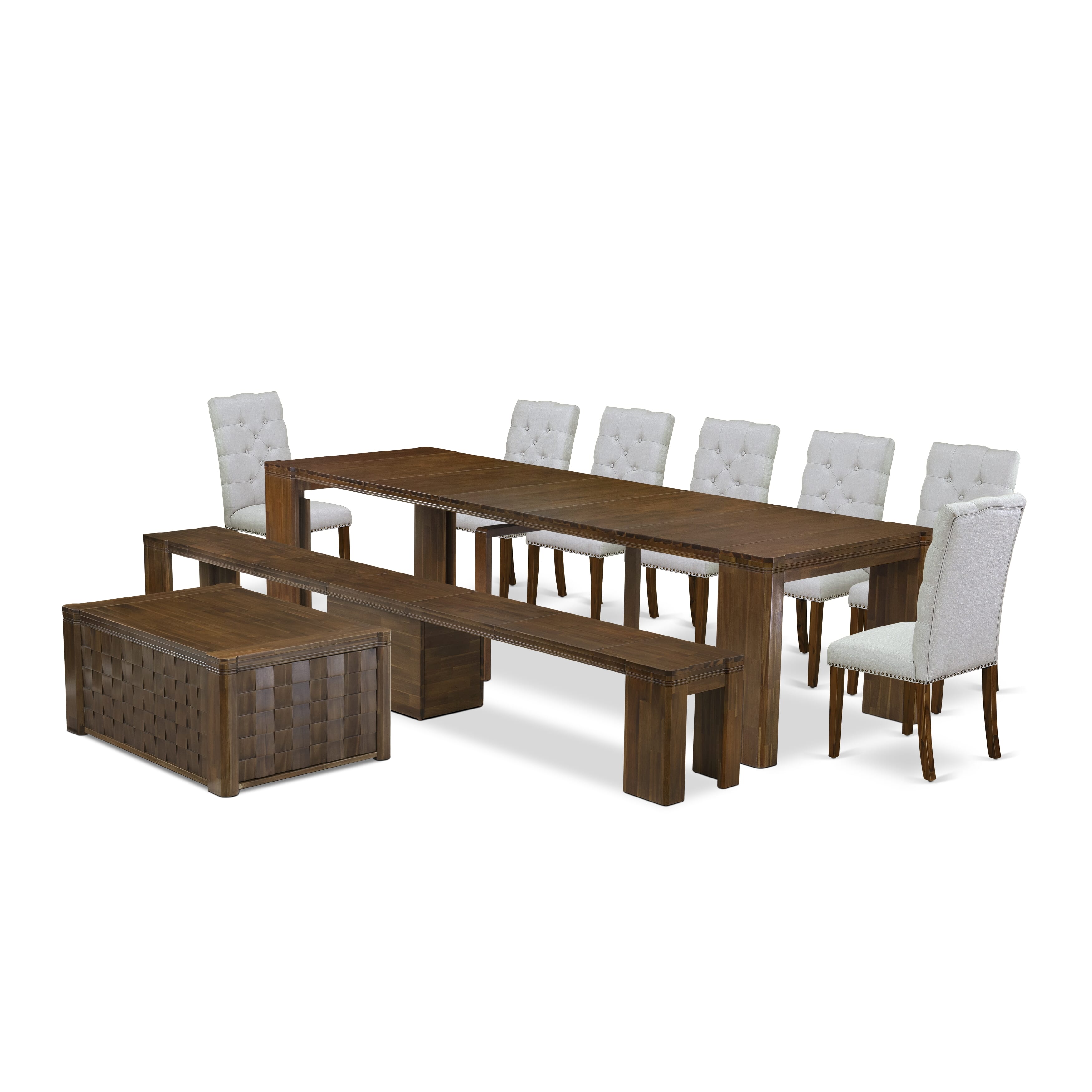 X07EL-BC8-05 -10 Pc Extendable Dining Set Includes a Rectangle Xtenczar Dining Table, 1 Coffee Table, 7 Grey Linen Fabric Dining Chairs and 1 Modern Bench, Antique Walnut
