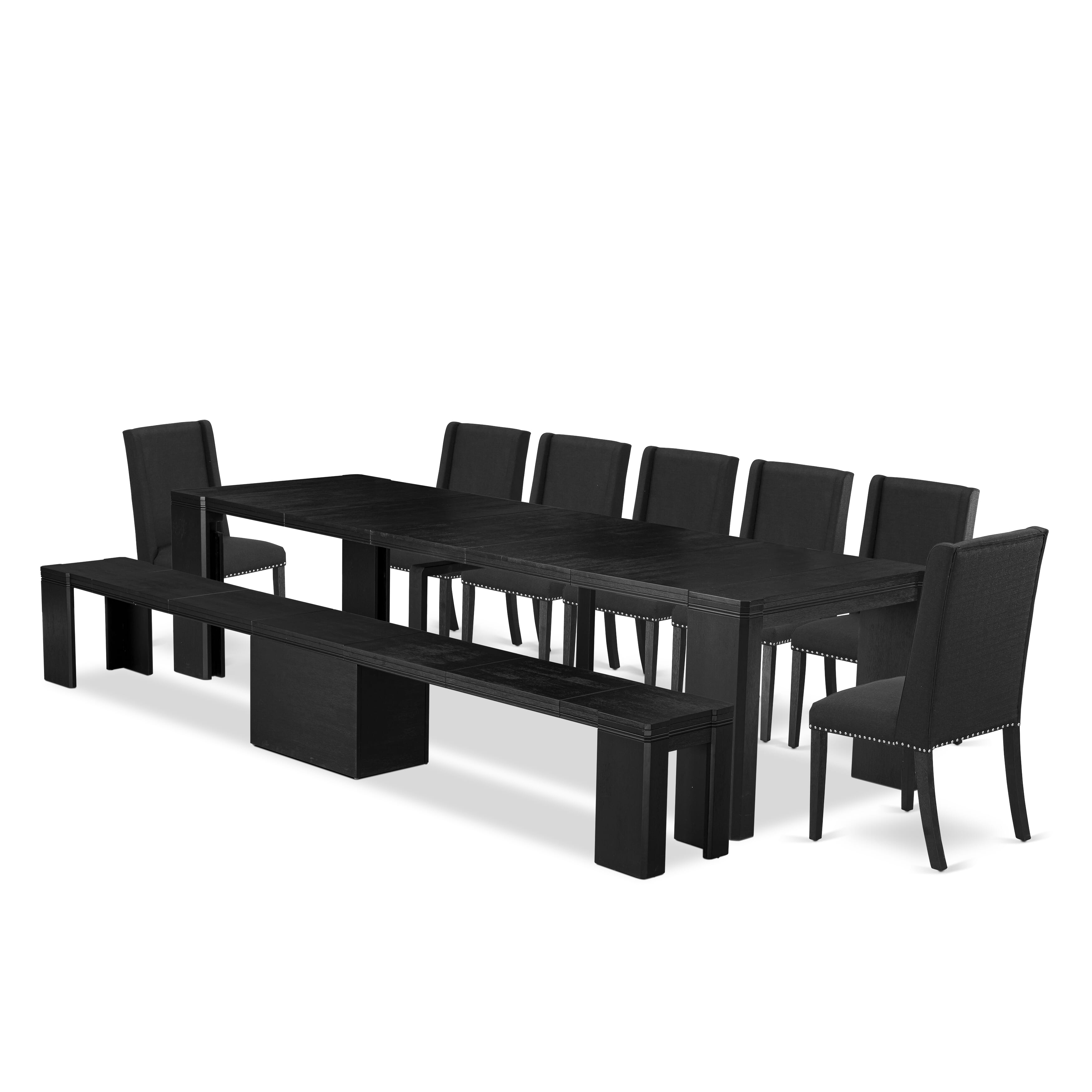 X07FL-B06-24 9-piece Xtenczar Dining Table Set a Rectangular Kitchen Table and a wooden Bench and 7 Black Linen Fabric Dining Chair, Wire Brushed Black