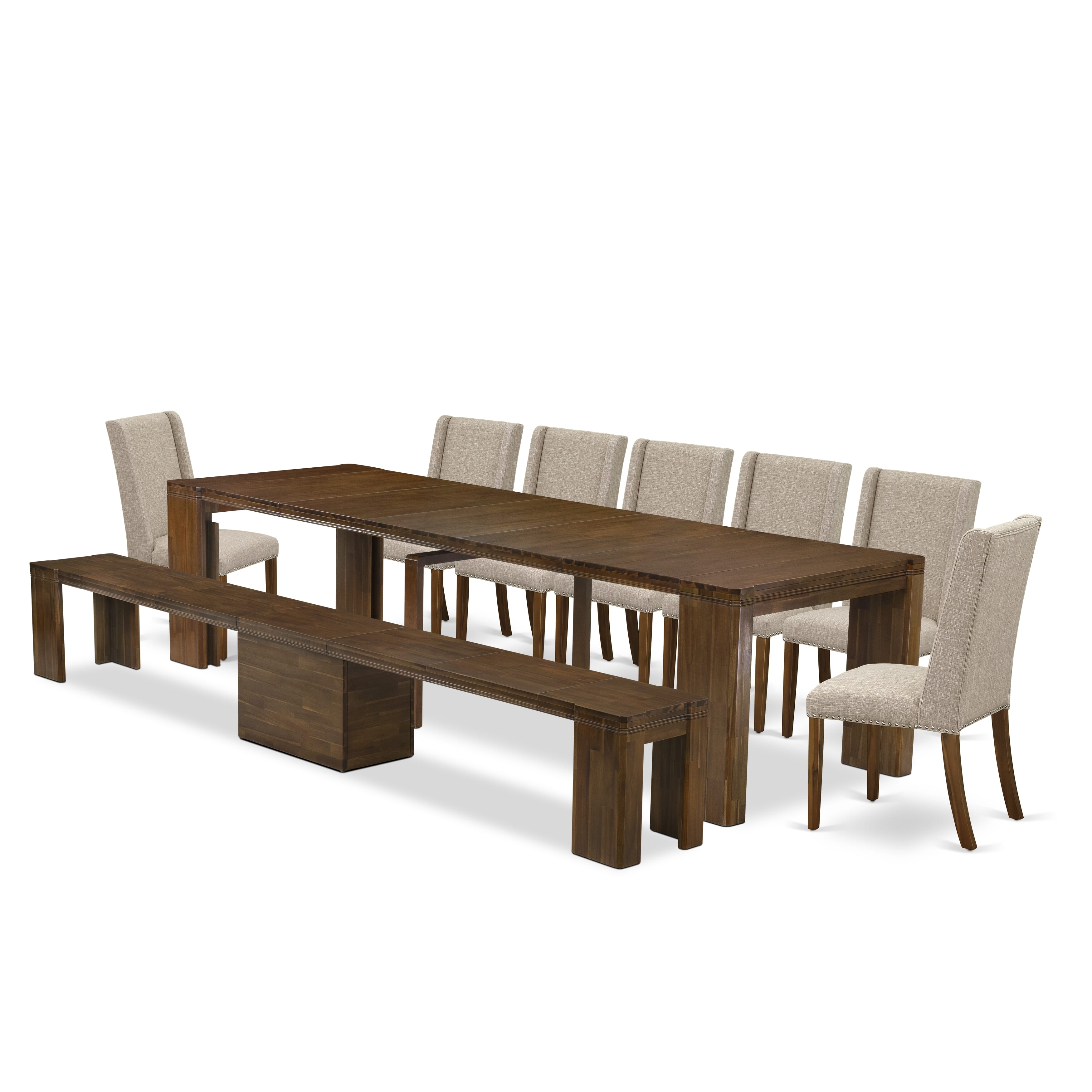 X07FL-B08-04 -9 Pieces Extendable Dining Set Includes a Rectangle Xtenczar Kitchen Table, 7 Light Tan Linen Fabric Dining Chairs and 1 Modern Bench, Antique Walnut