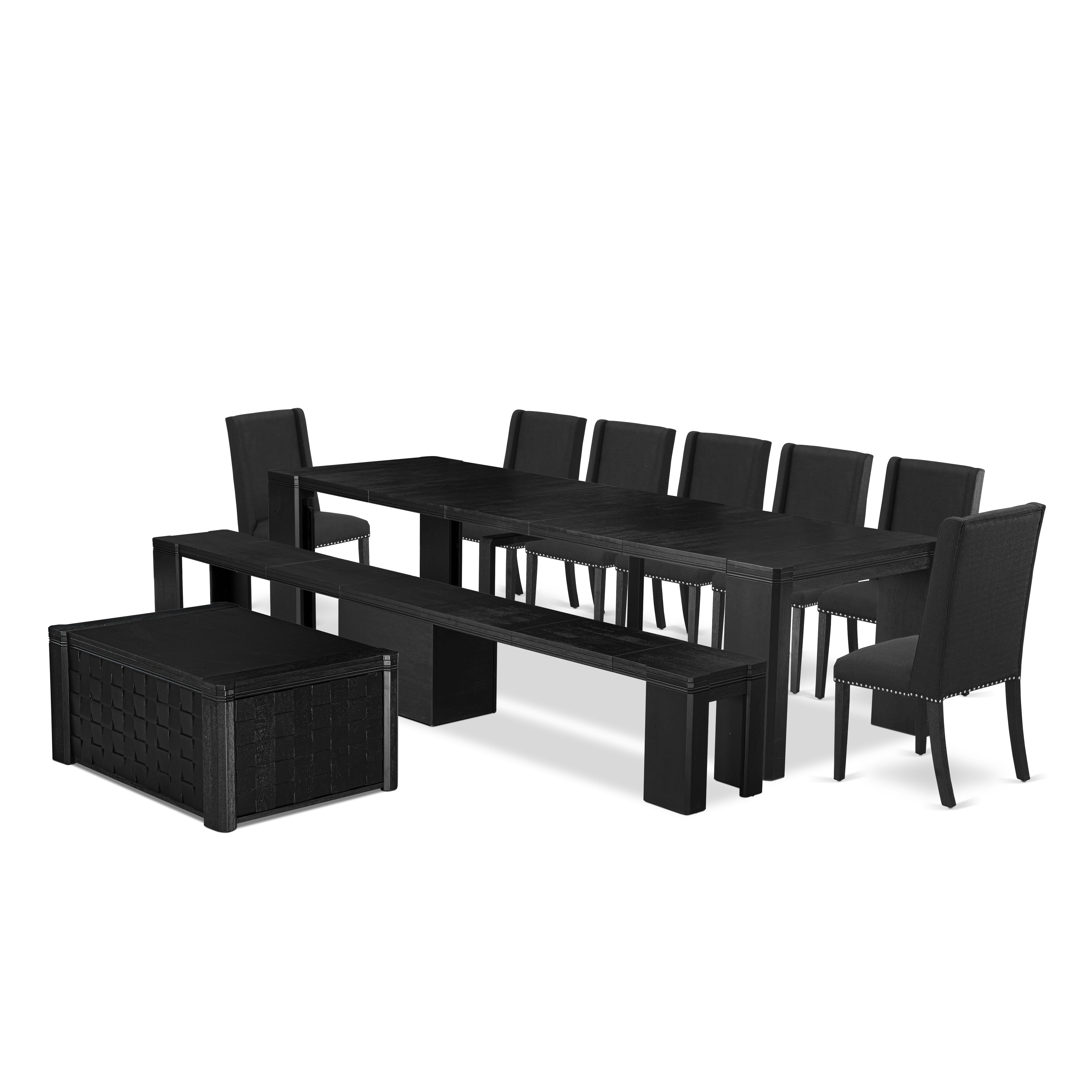 X07FL-BC6-24 10-piece Xtenczar Dining Table Set a Rectangular Kitchen Table with a coffee Table and a wooden Bench and 7 Black Fabric Dining Chair, Wire Brushed Black