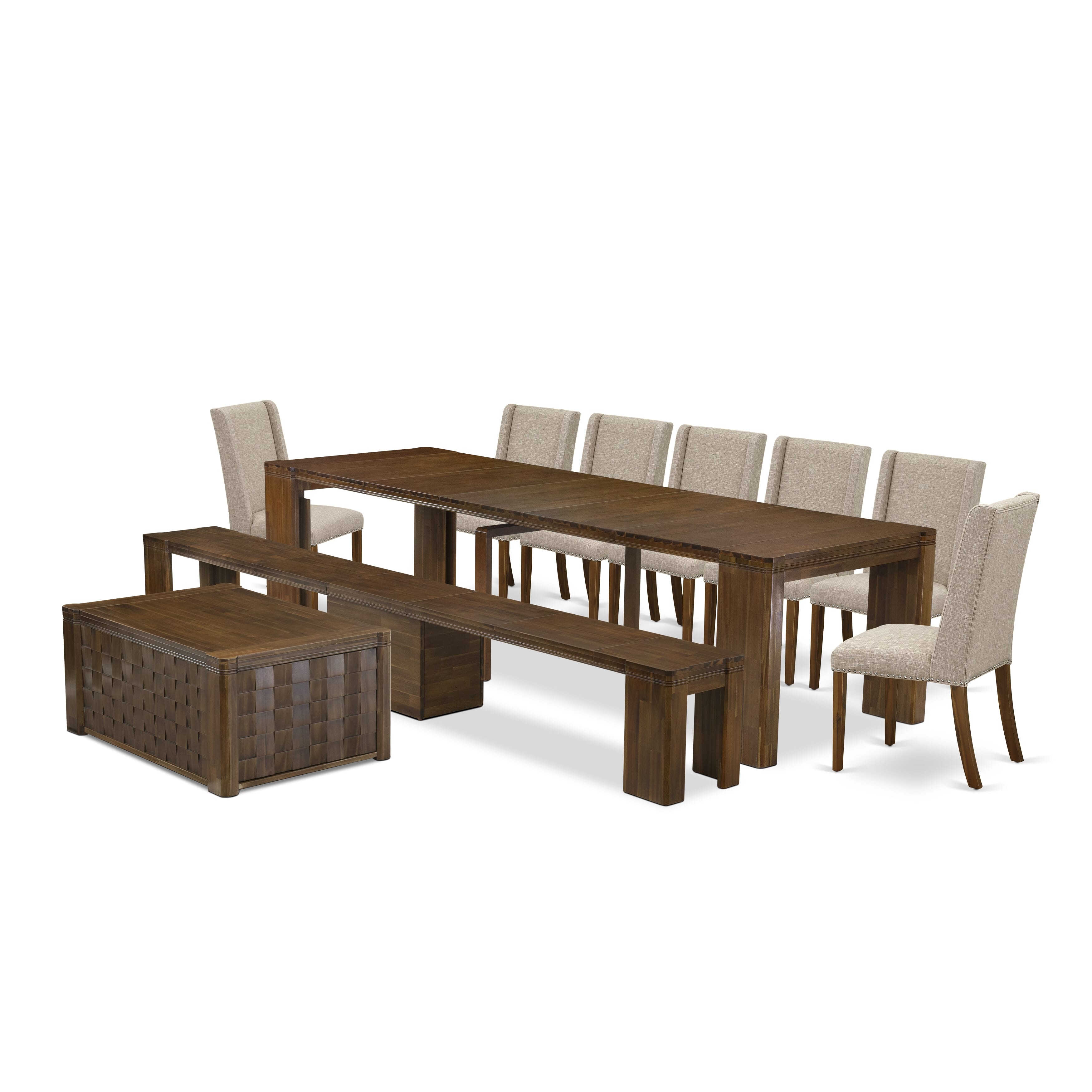 X07FL-BC8-04 -10 Pc Extendable Dining Set Includes a Rectangle Xtenczar Dining Table, 1 Coffee Table, 7 Light Tan Fabric Dining Chairs and 1 Modern Bench, Antique Walnut