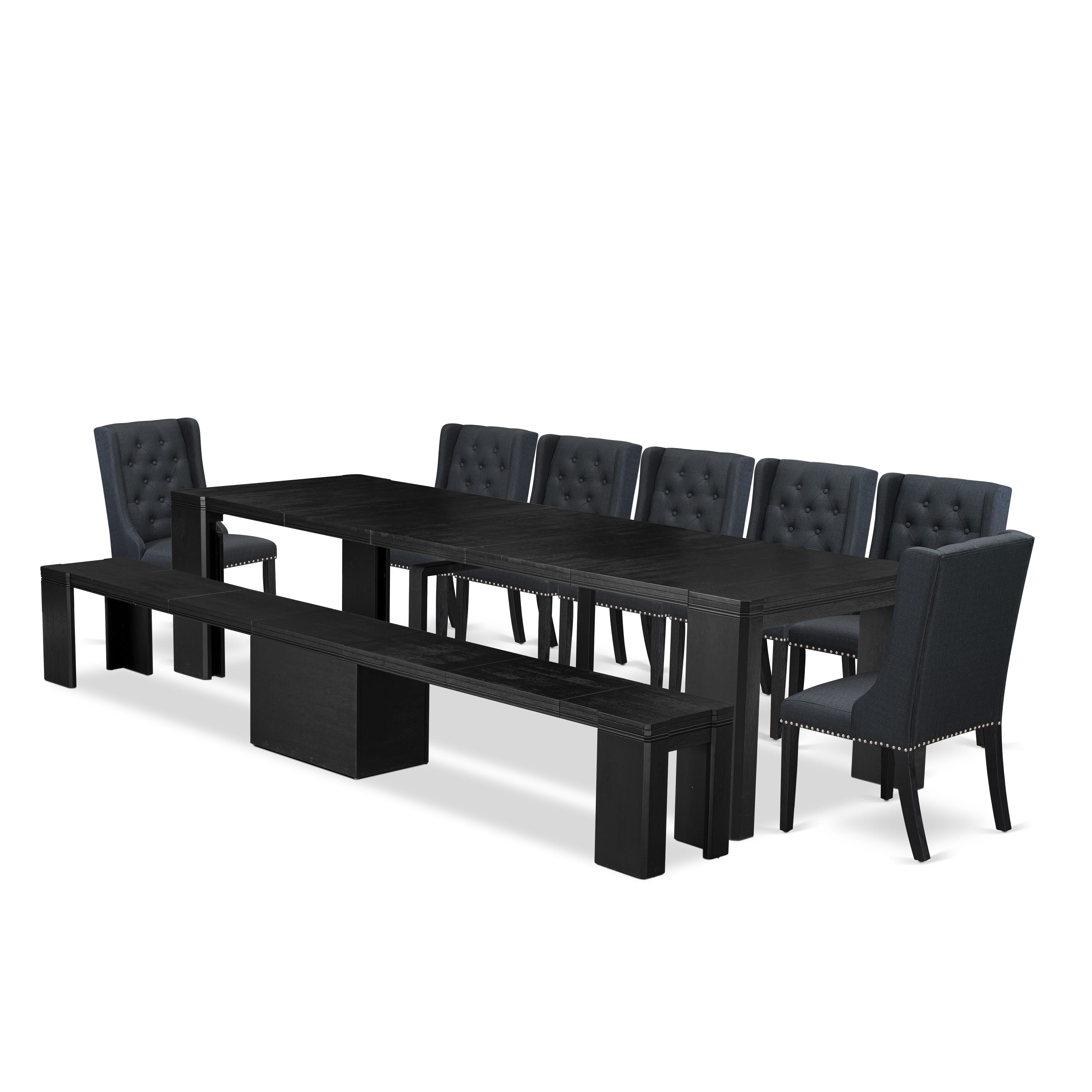 X07FO-B06-24 9-piece Xtenczar Dining Table Set a Rectangular Xtenczar Dining Table and a wooden Bench and 7 Black Linen Fabric Kitchen Chair, Wire Brushed Black