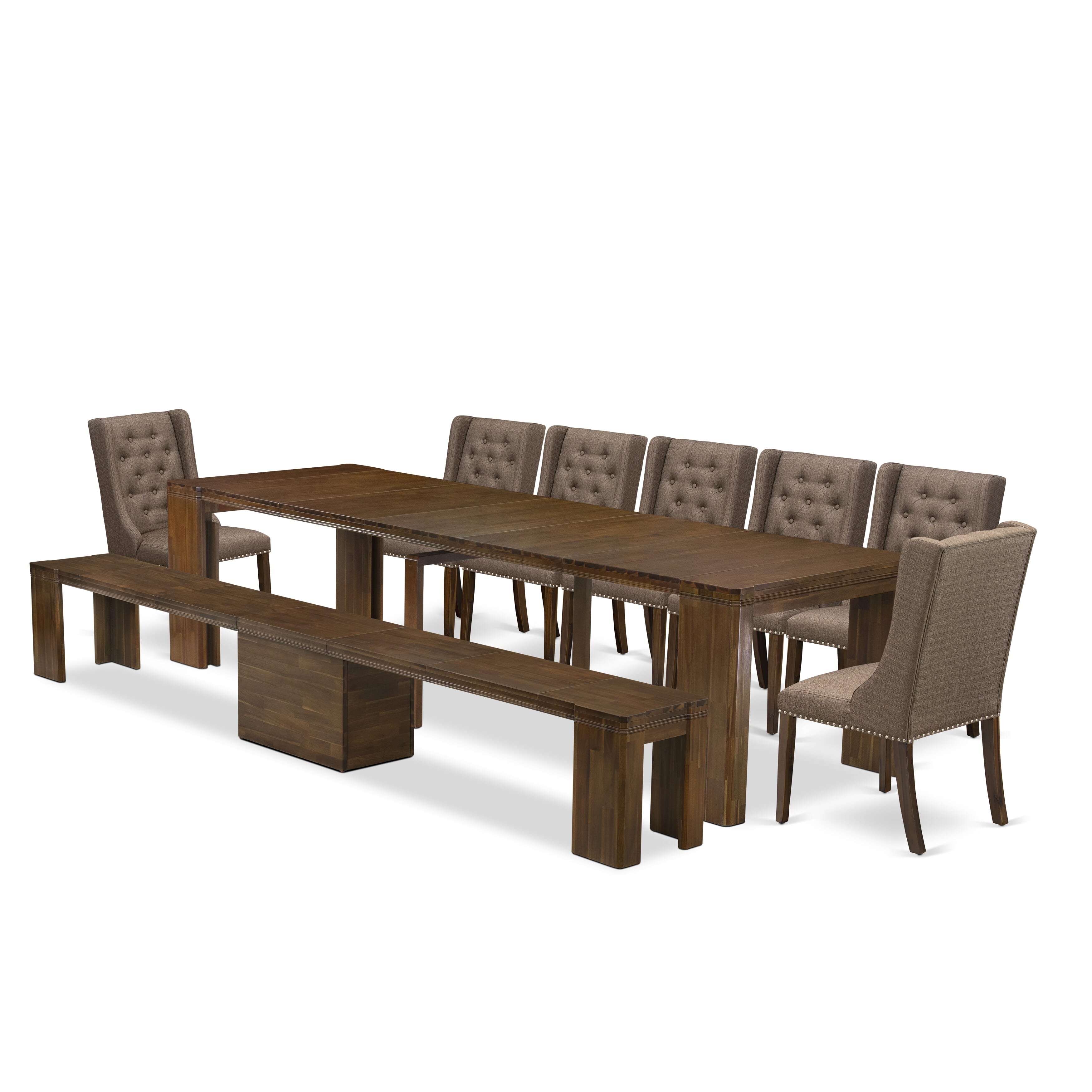 X07FO-B08-18-9 Pieces Extendable Dining Set Includes a Rectangle Xtenczar Dining Table, 7 Brown Linen Fabric Dining Chairs and 1 Modern Bench, Antique Walnut