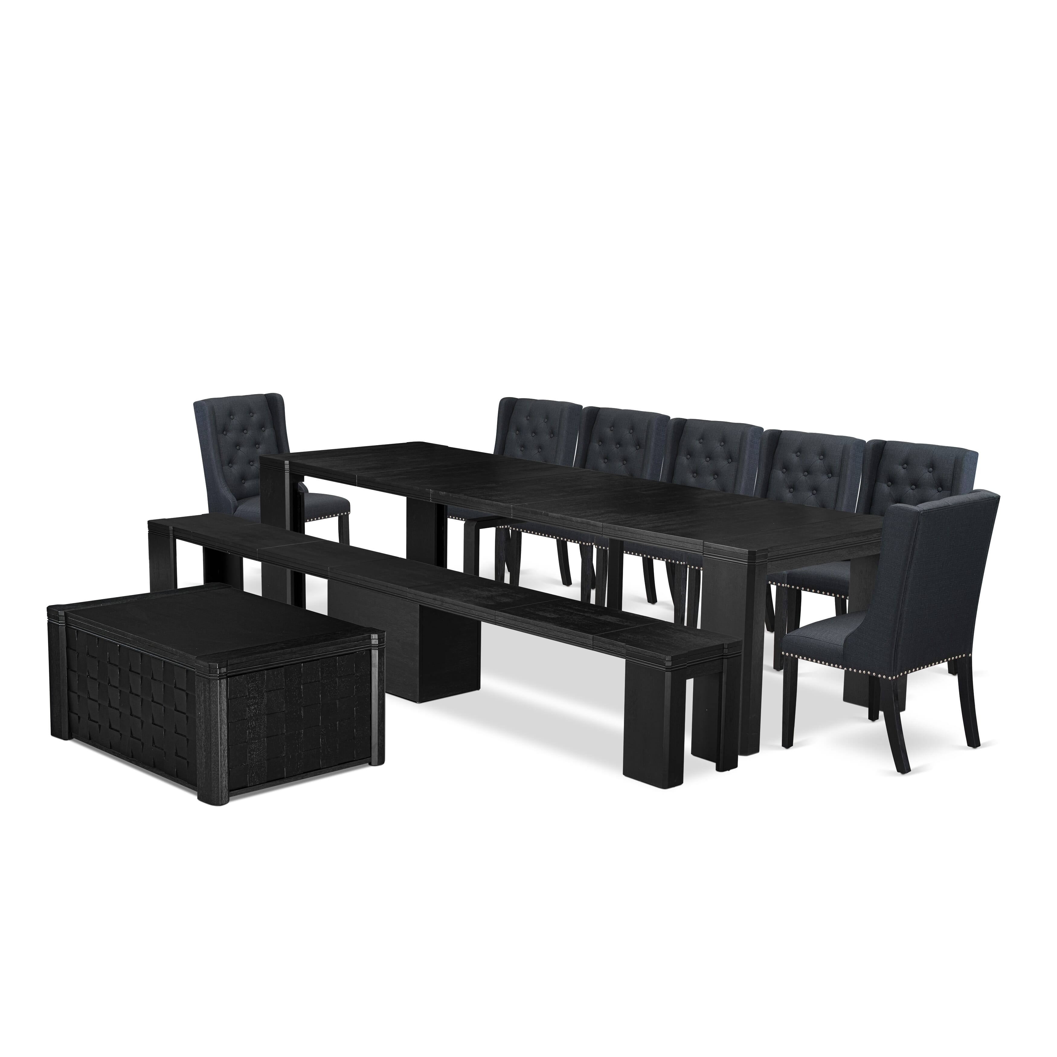 X07FO-BC6-24 10-piece Xtenczar Dining Table Set a Rectangular Kitchen Table with a coffee Table and a wooden Bench and 7 Black Linen Fabric Dining Chair, Wire Brushed Black