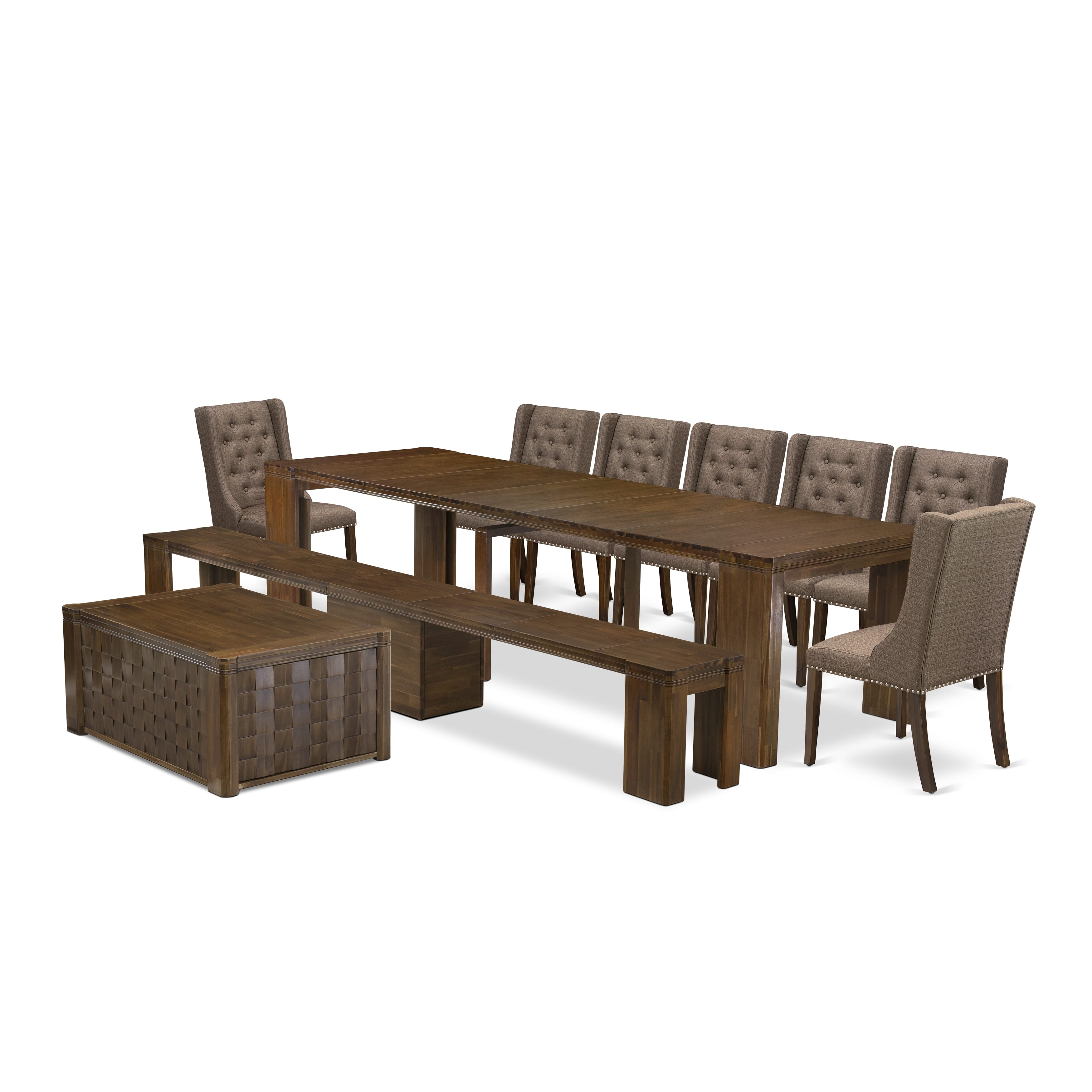 X07FO-BC8-18 -10 Pc Extendable Dining Set Includes a Rectangle Xtenczar Dining Table, 1 Coffee Table, 7 Brown Linen Fabric Chairs and 1 Modern Bench, Antique Walnut