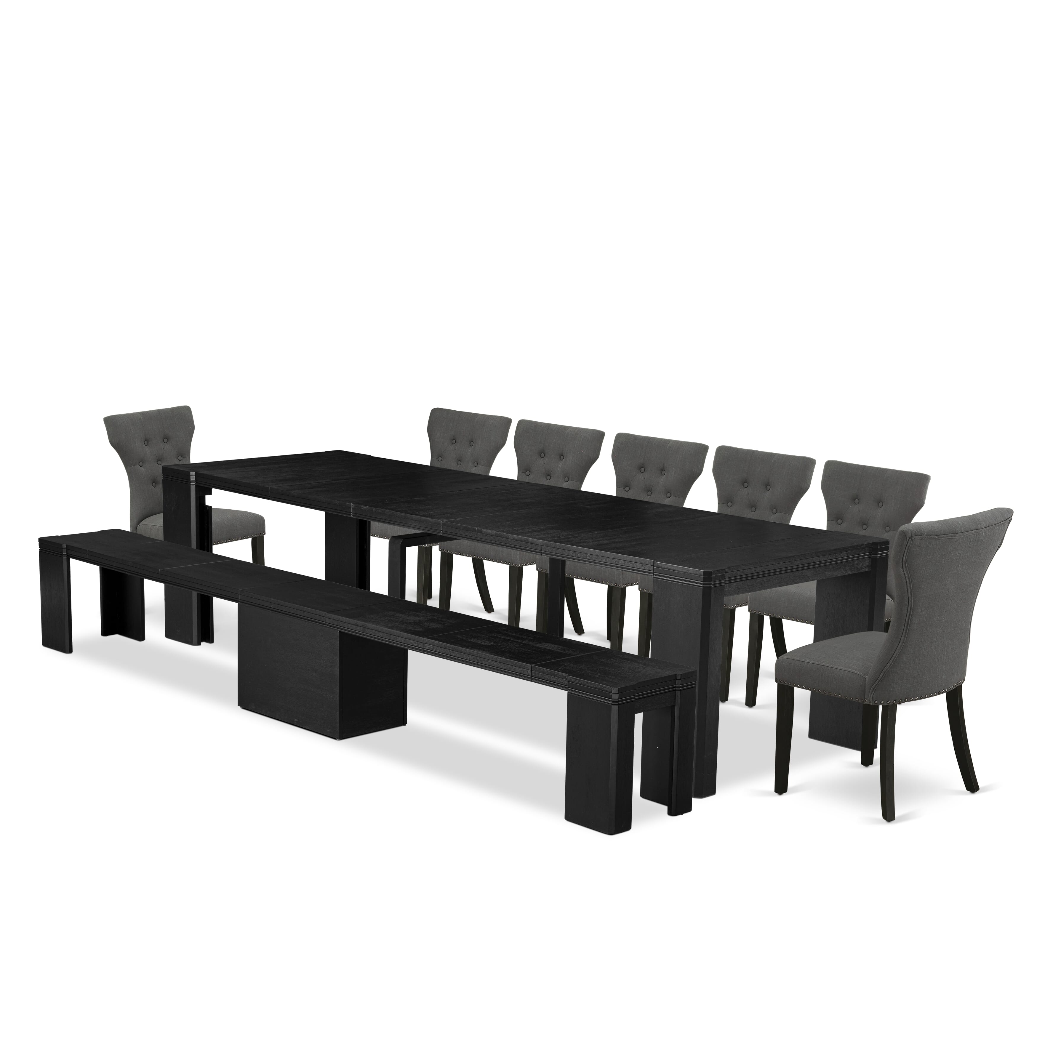 X07GA-B06-50 9-piece Dining Table Set a Rectangular Xtenczar Dining Table and a wooden Bench and 7 Dark Gotham Grey Linen Fabric Kitchen Chair, Wire Brushed Black