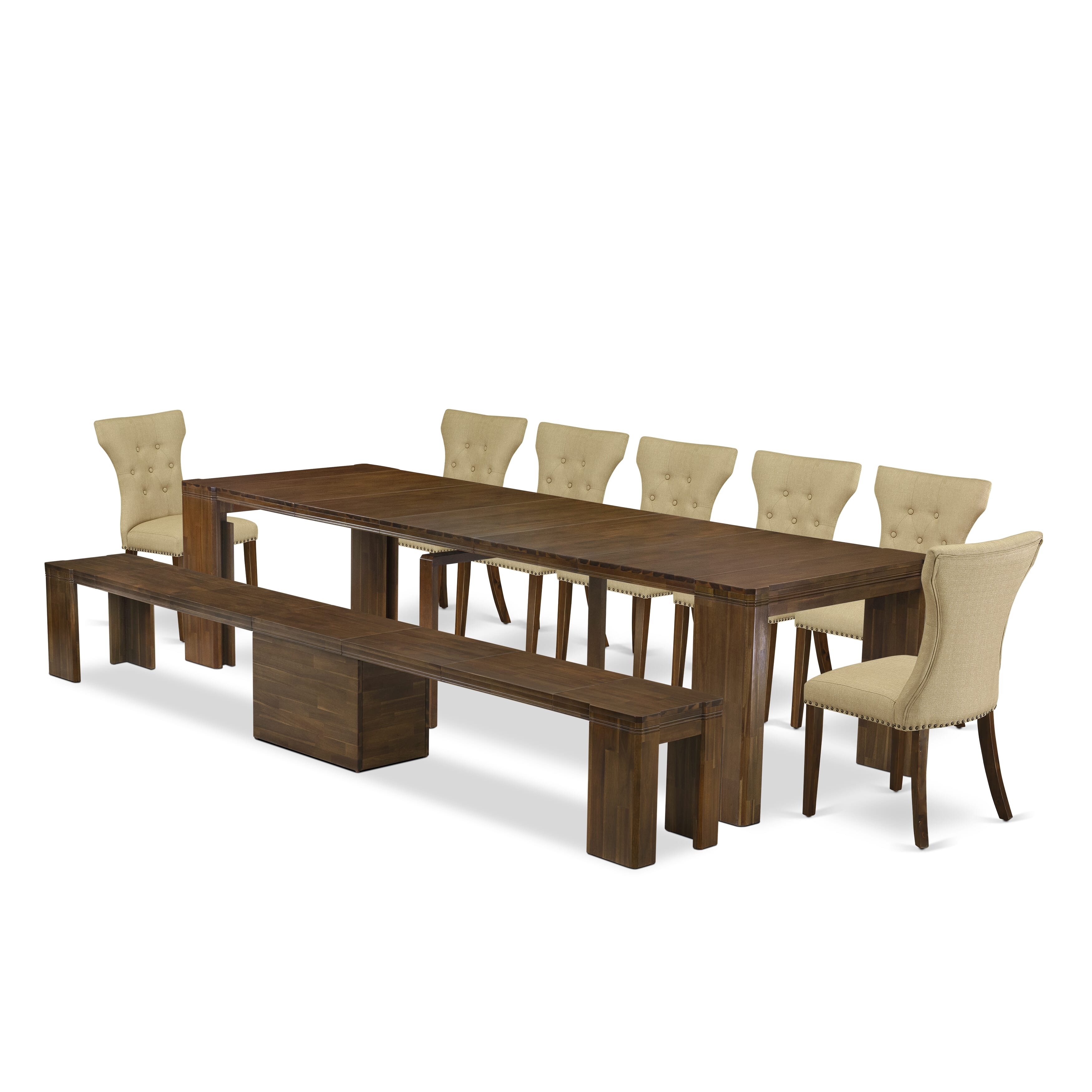 X07GA-B08-03 -9 Pieces Extendable Dining Set Includes a Rectangle Xtenczar Table, 7 Brown Linen Fabric Dining Chairs and 1 Modern Bench, Antique Walnut